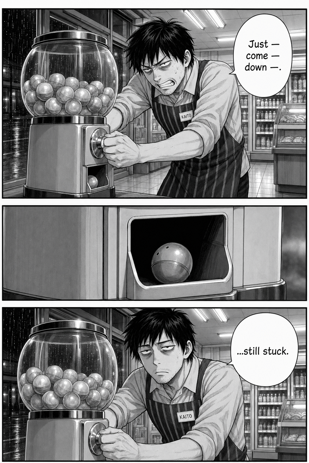 Kaito cranks the knob two-handed; a close-up of the flap shows the capsule still wedged; he stares dead-eyed and mutters that it's still stuck.