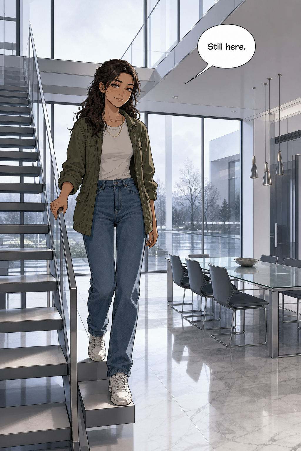 Lizzie comes down an open steel staircase into Netherfield's vast cool glass breakfast room, small and warm in yesterday's rumpled olive jacket and jeans against the cold minimalist space.