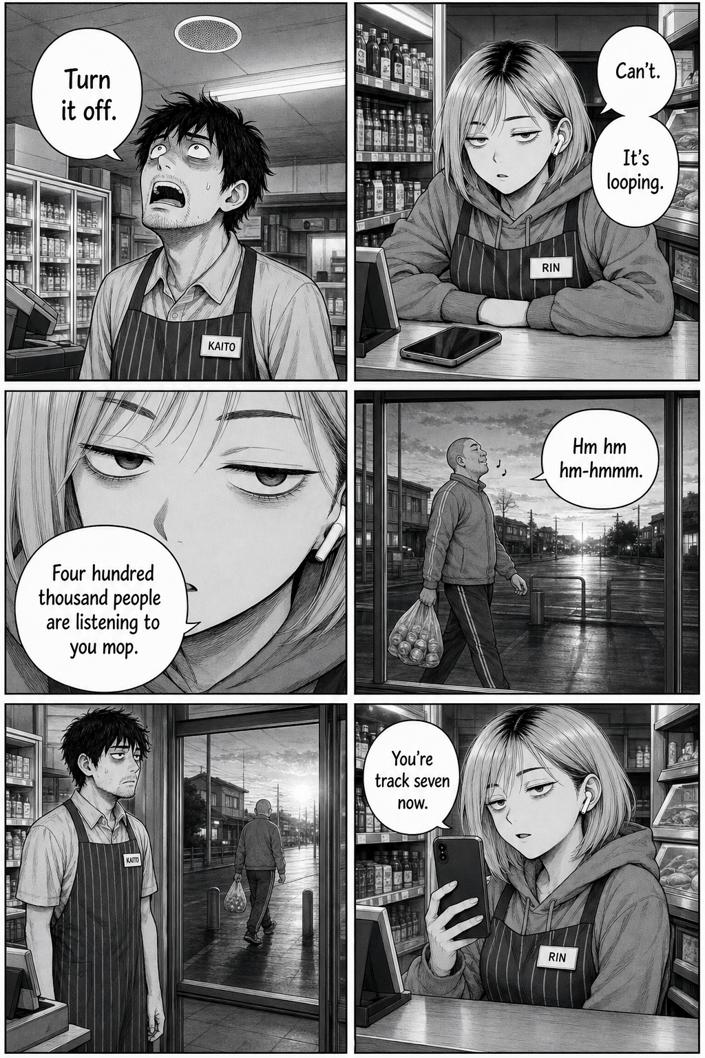 Six panels. Kaito's own humming loops over the store speakers to four hundred thousand listeners. The tracksuit man walks past humming it. Rin films his face.