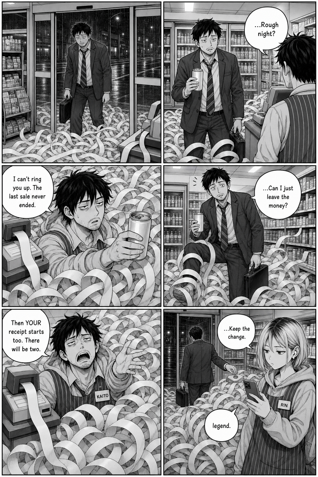A tired salaryman wades in through the paper to buy a canned coffee, can't be rung up, leaves a coin on the paper mountain, and goes.