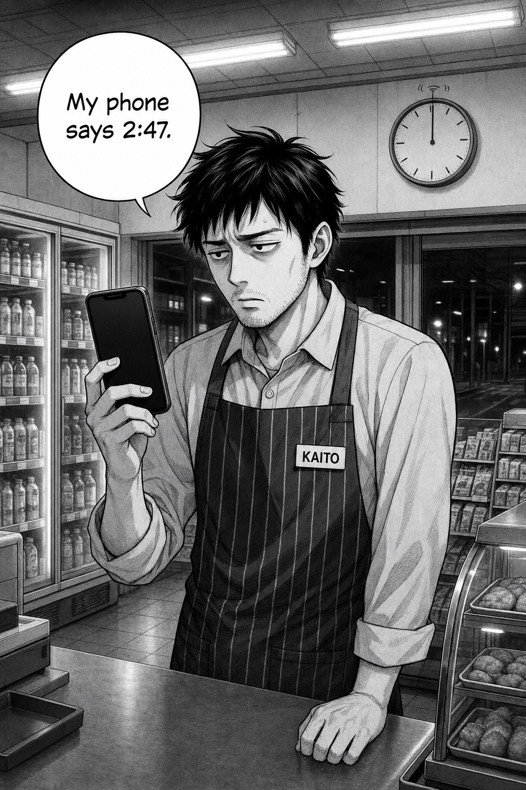 Kaito stands behind the counter holding up his phone and staring at its dark screen, brow furrowed. The stuck wall clock hangs behind him.