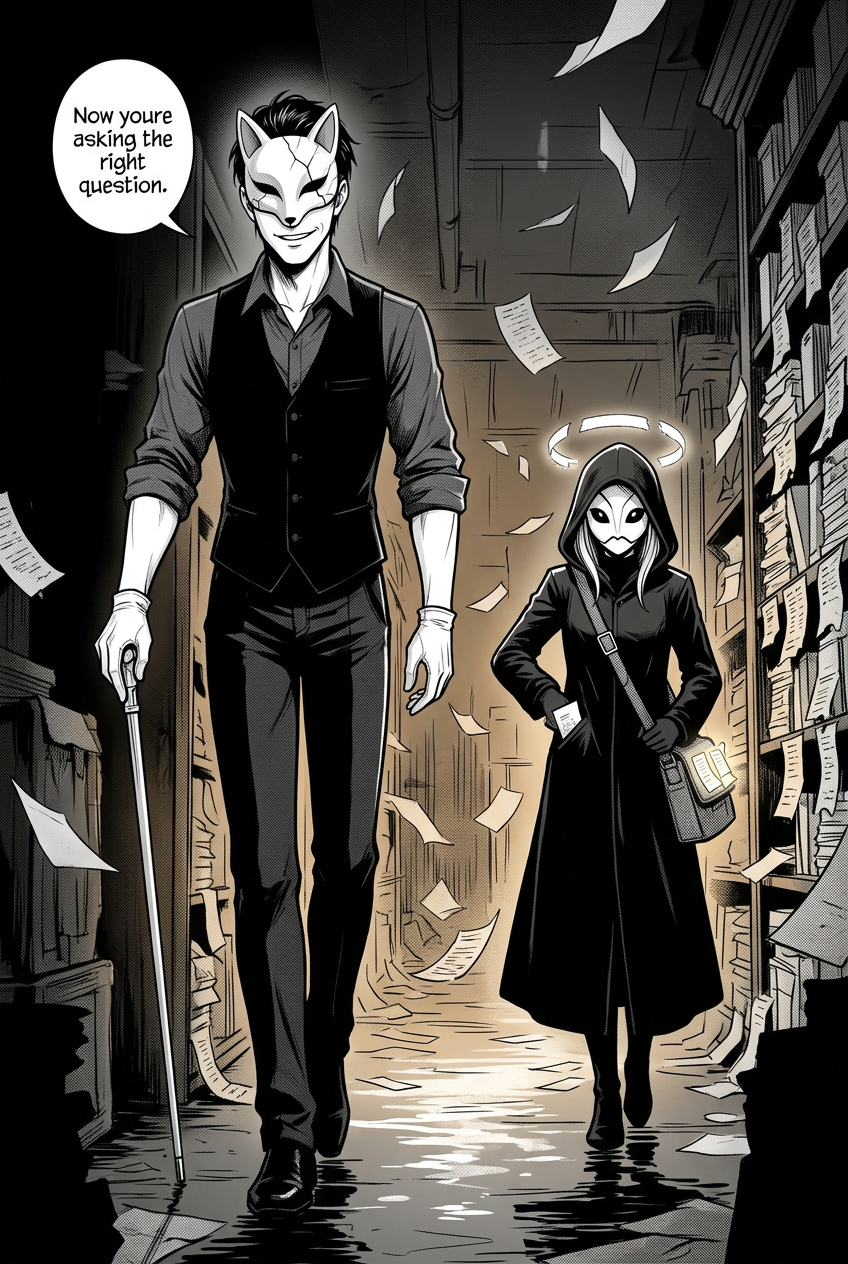 The fox-visored man steps from the shadows of the archive toward the courier, who pockets her unburned receipt behind her, choosing not to pay yet; her halo flickers.
