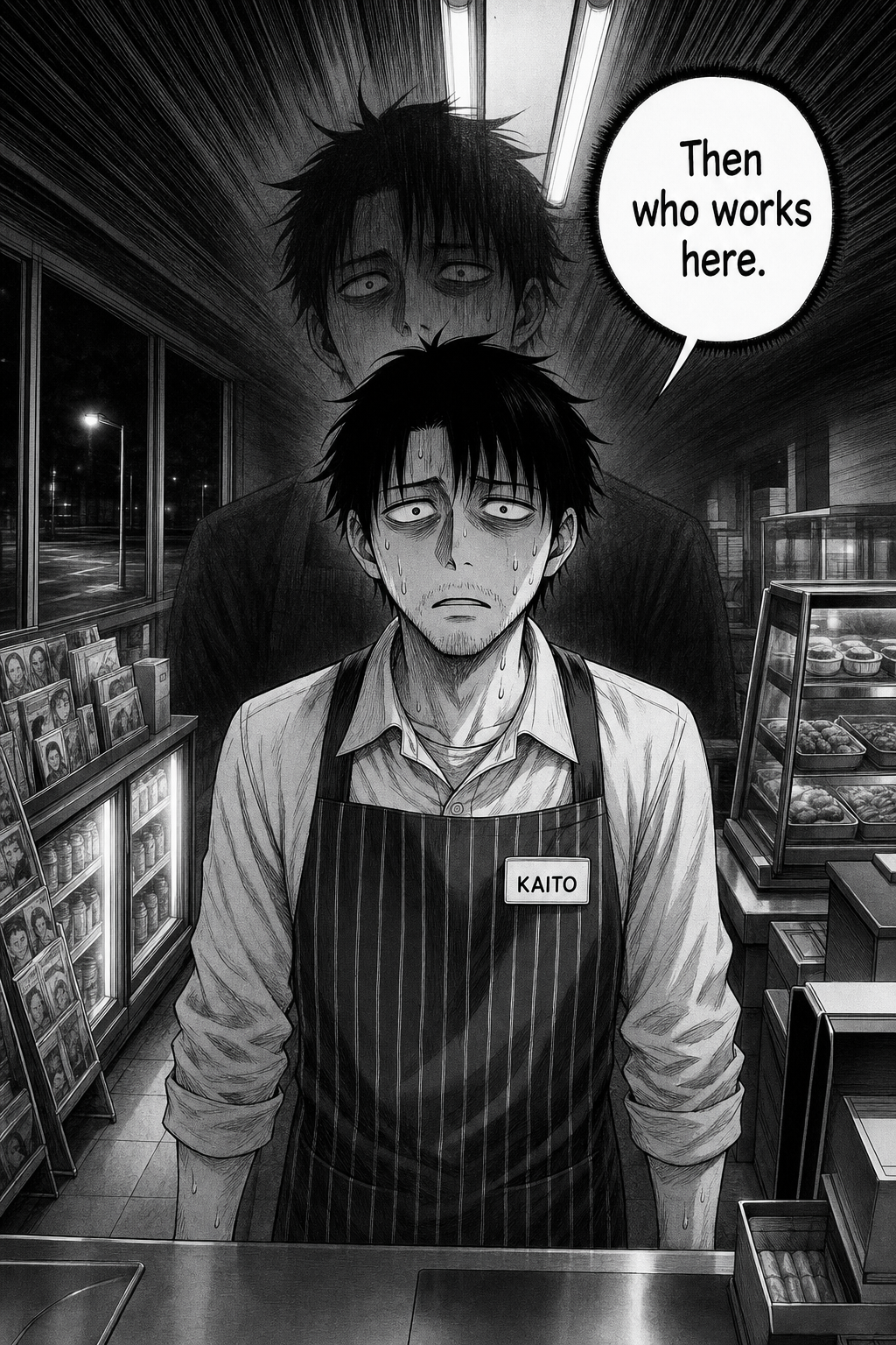 Full-page splash: Kaito stands frozen behind the counter in existential horror, sweat running down his face, a faint doubled silhouette of himself looming in shadow behind him.
