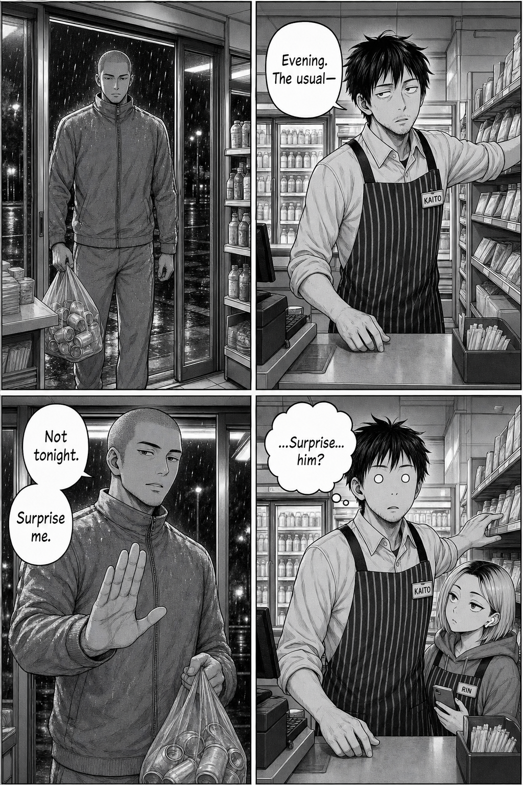 The tracksuit regular enters from the rain and tells Kaito to surprise him instead of ringing up his usual.