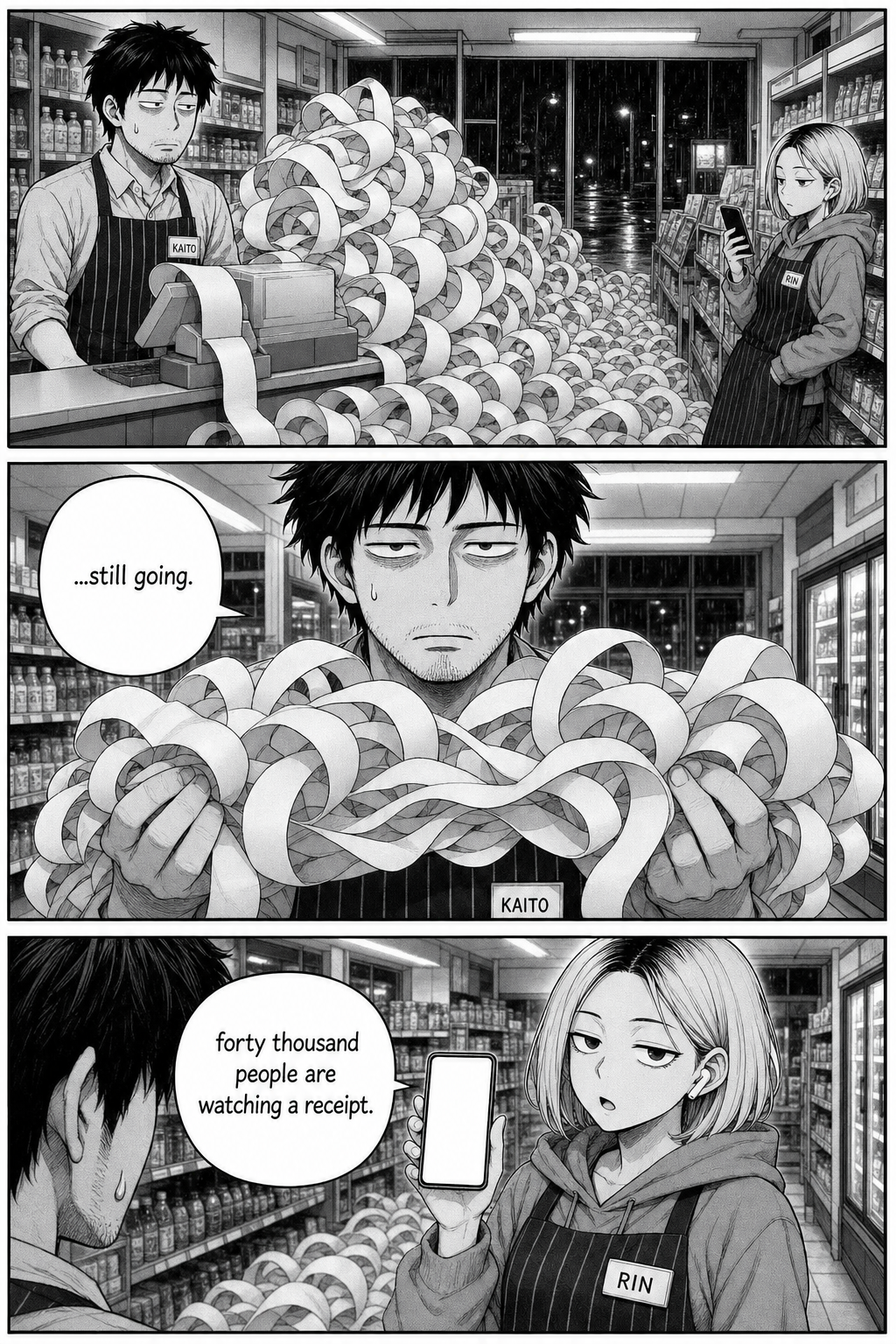 The paper pile is bigger, spilling into the aisle. Kaito lifts the coil again, dead-eyed, muttering it's still going. Rin says forty thousand people are watching.