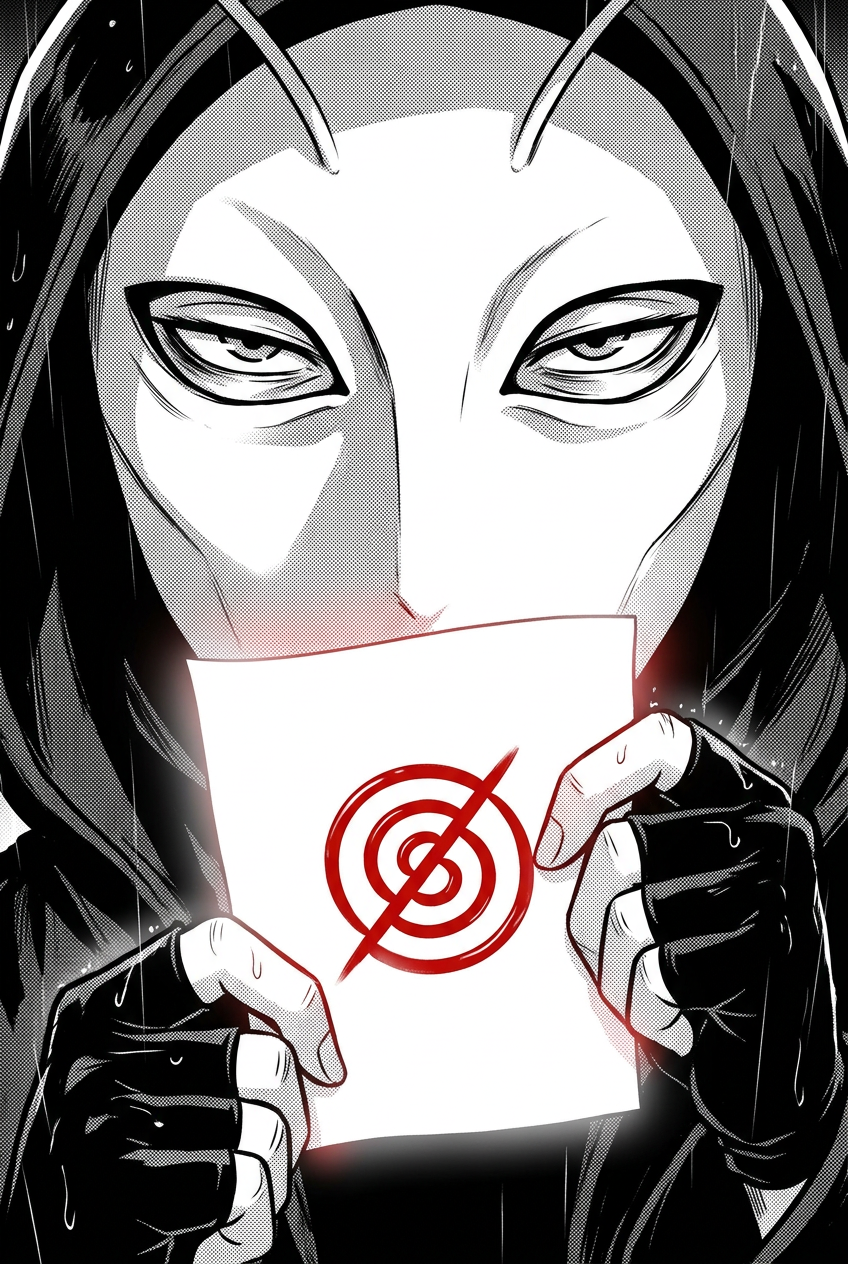 Extreme close-up of the courier's white moth mask filling the frame, the tired eyes behind its slits widening as red glyph-light reflects off the mask.
