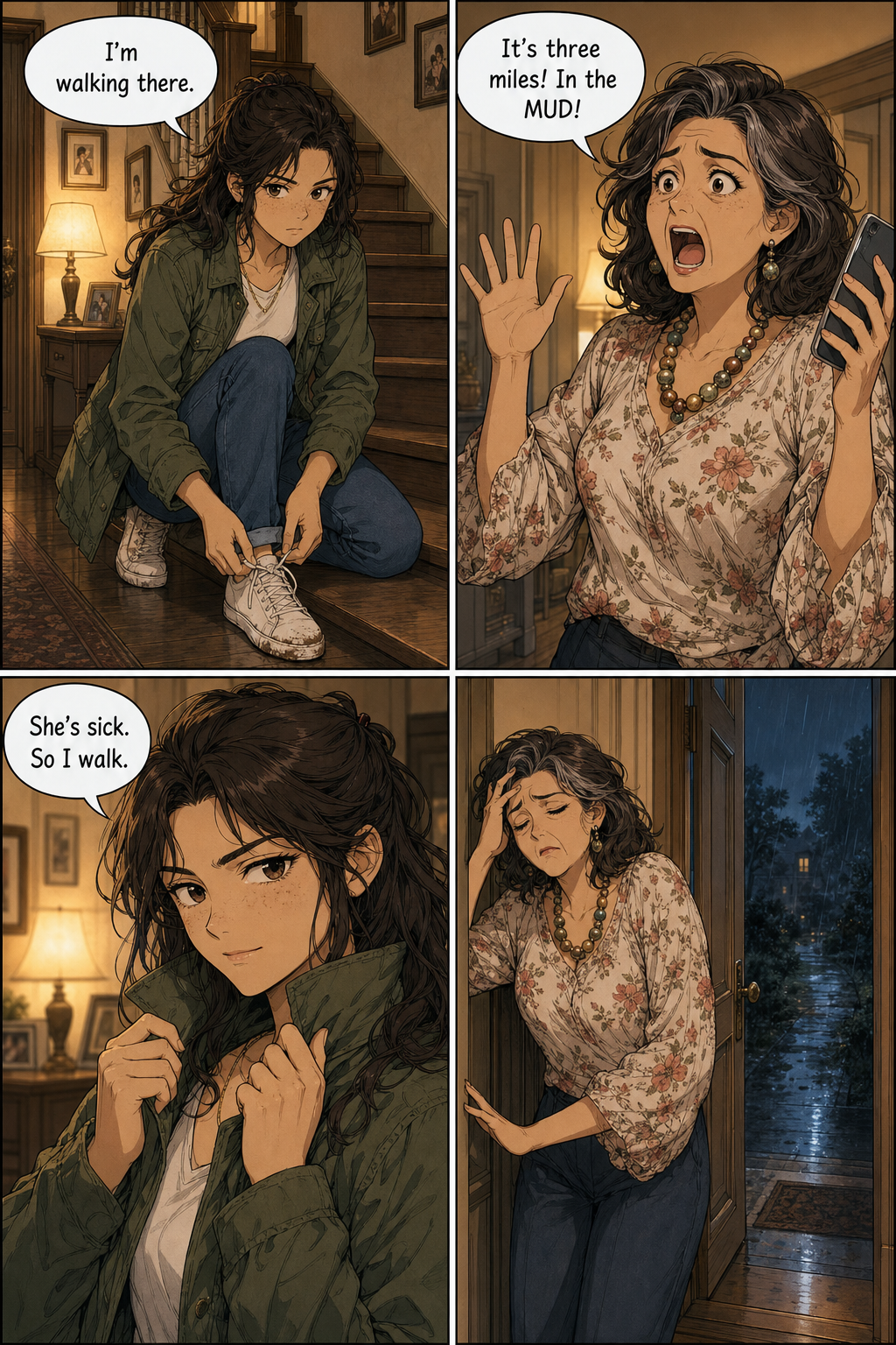 In four panels, Lizzie laces her sneakers to leave while Mrs. Bennet protests in horror, Lizzie pulls up her collar with a smirk, and Mrs. Bennet slumps against the doorway.