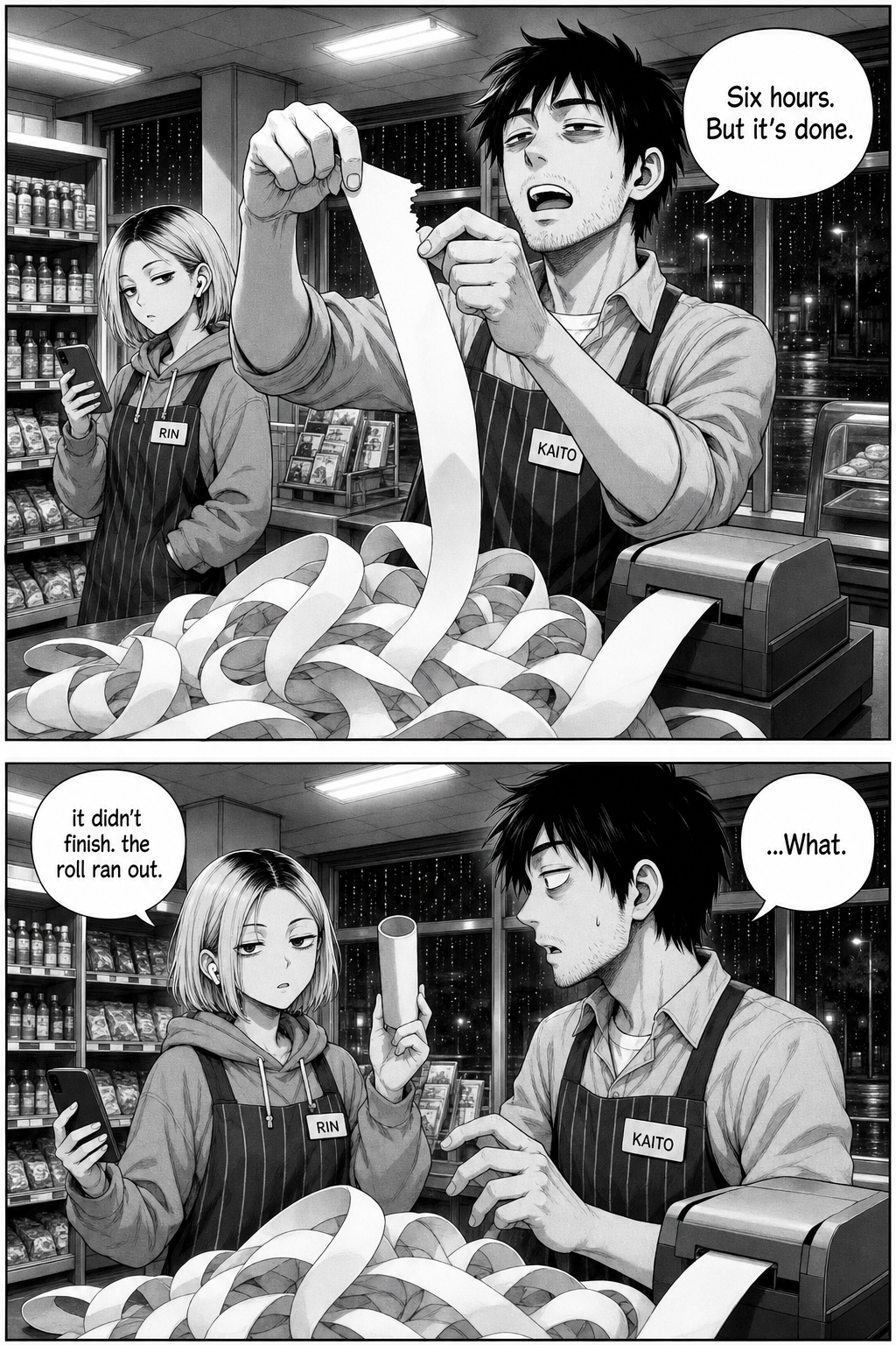 As Kaito reaches to tear the end free in triumph, Rin holds up the empty cardboard roll tube: it didn't finish, the paper just ran out.