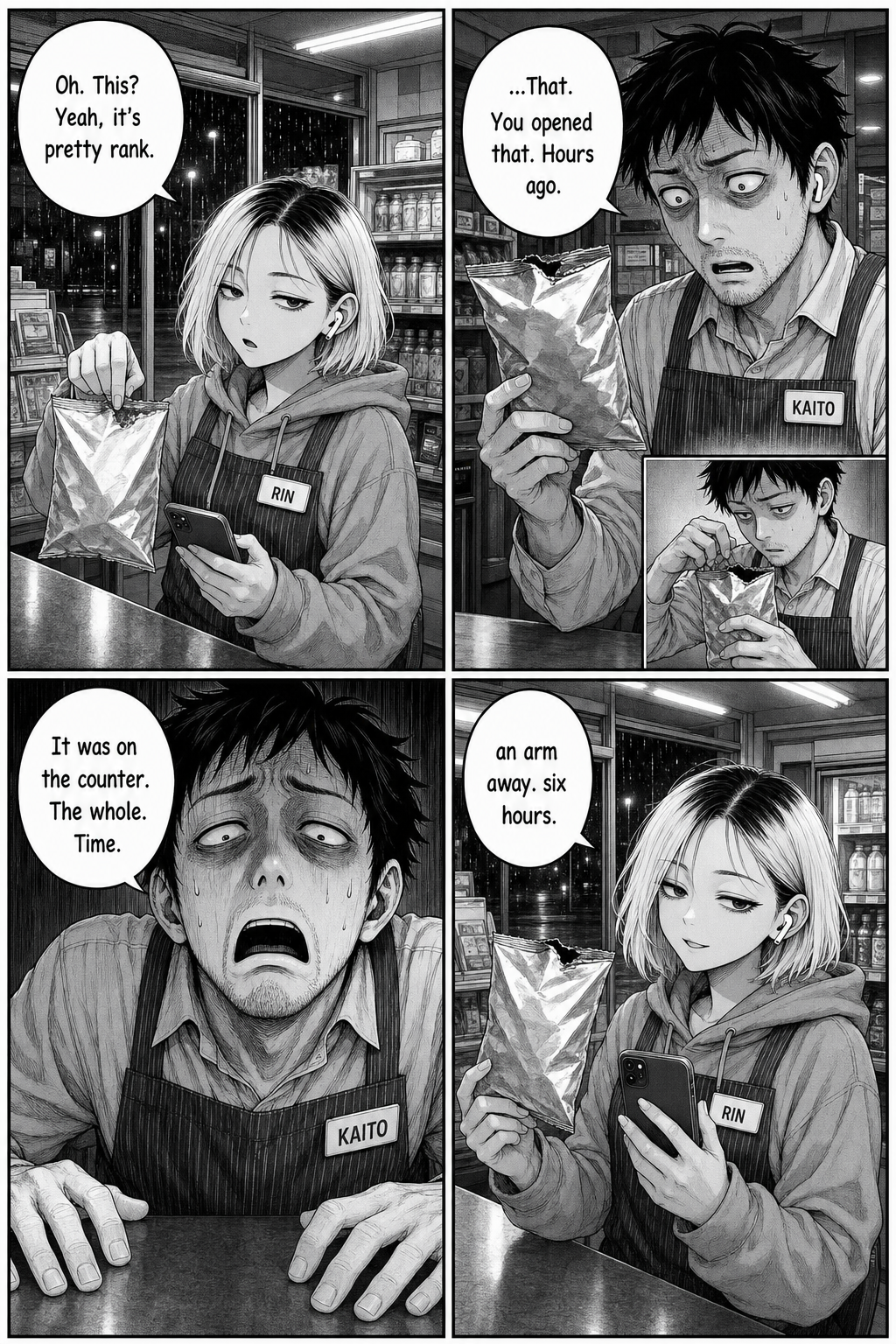 Rin lifts the plain half-eaten foil snack bag that sat beside her all night — "Yeah, it's pretty rank" — and Kaito realizes with horror the source was an arm away the whole time.