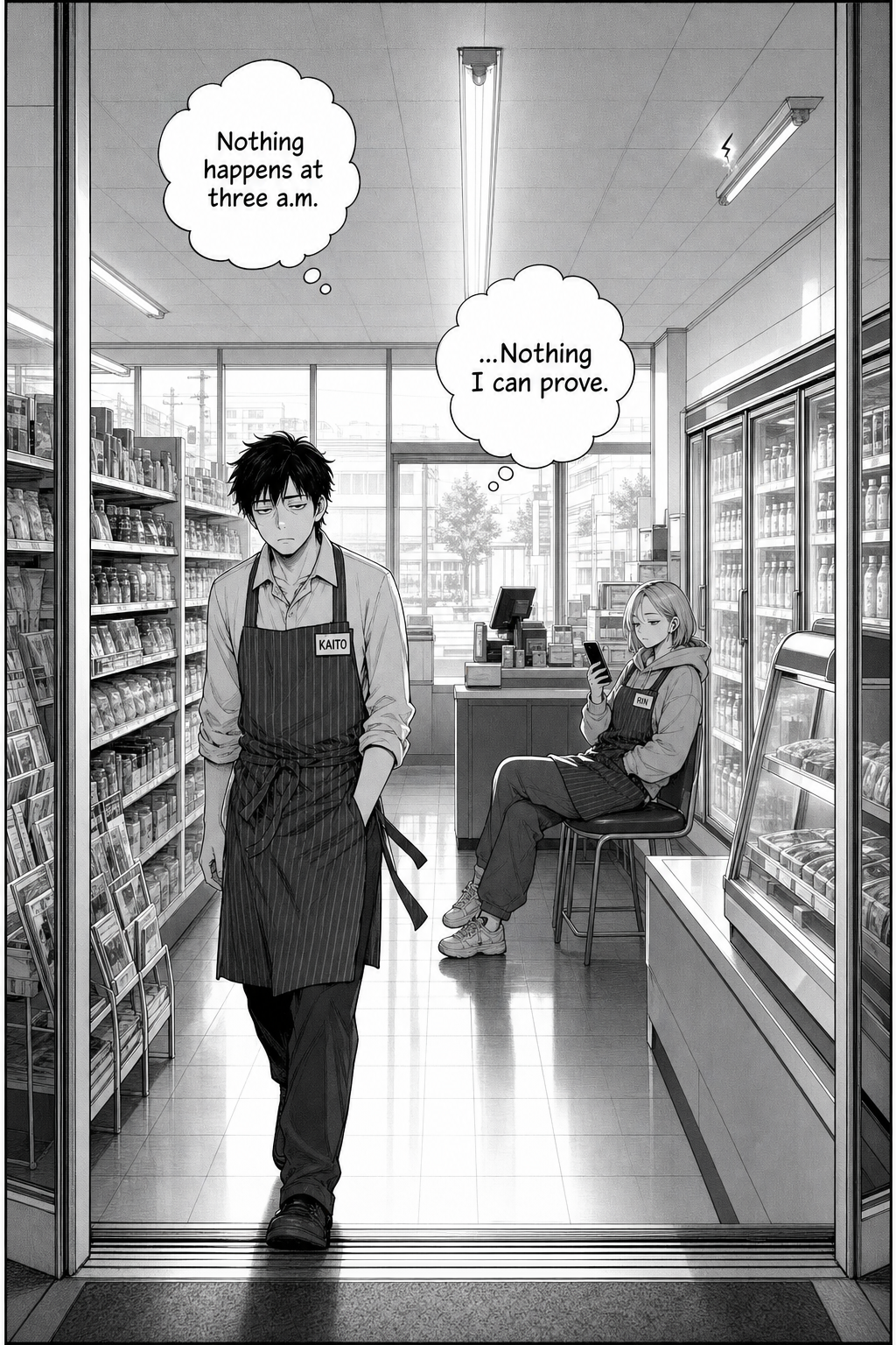 A daylight mirror of page one: Kaito walks toward the exit, Rin on her stool, and in a far corner the fixed tube gives one last tiny flicker.