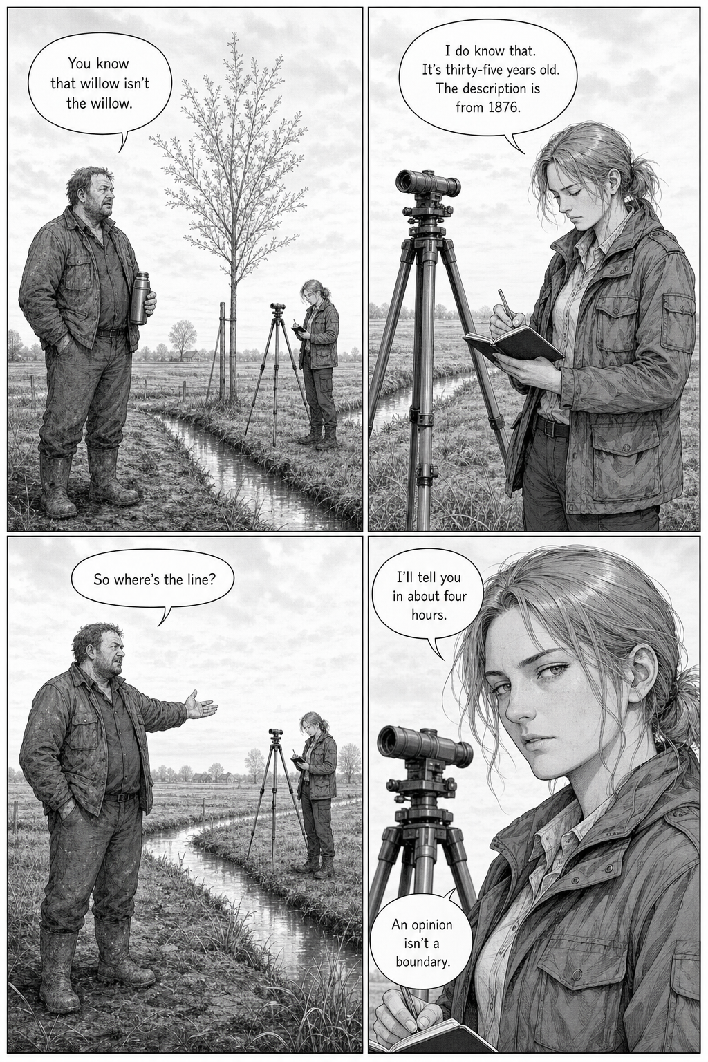 A stocky farmer in a mud-coloured jacket holds a thermos and argues with Merel Vosberg across a flat field with a young willow tree, while she writes in her notebook without looking up.