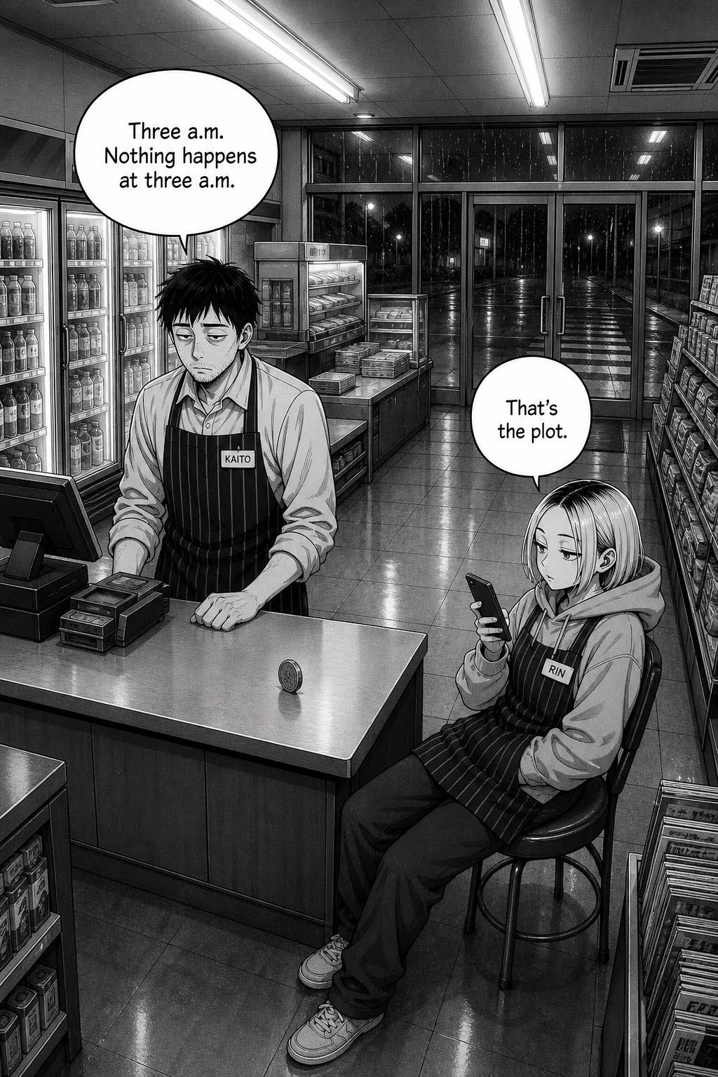 Wide night shot inside a 24-hour convenience store; Kaito stands deadpan behind the register while Rin sits on a stool scrolling her phone, rain on the windows.