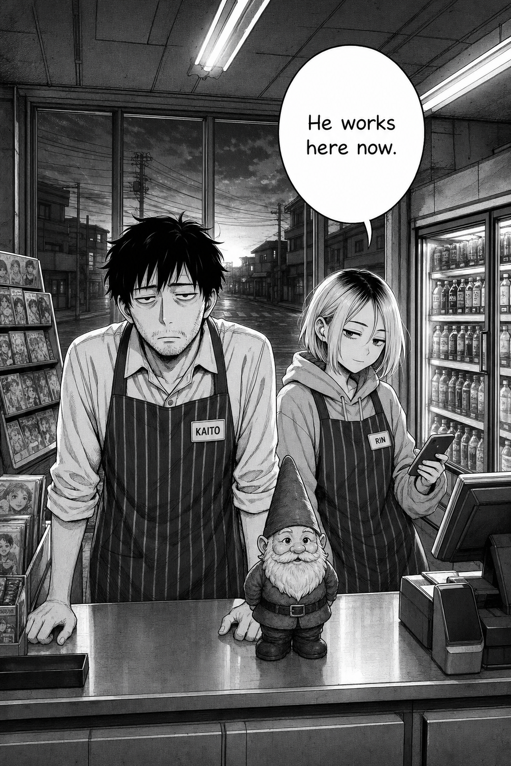 Closing full-page splash at dawn: a hollow, defeated Kaito stands behind the counter with the garden gnome now placed beside the register facing outward as if it works there; Rin leans in with a satisfied smirk.
