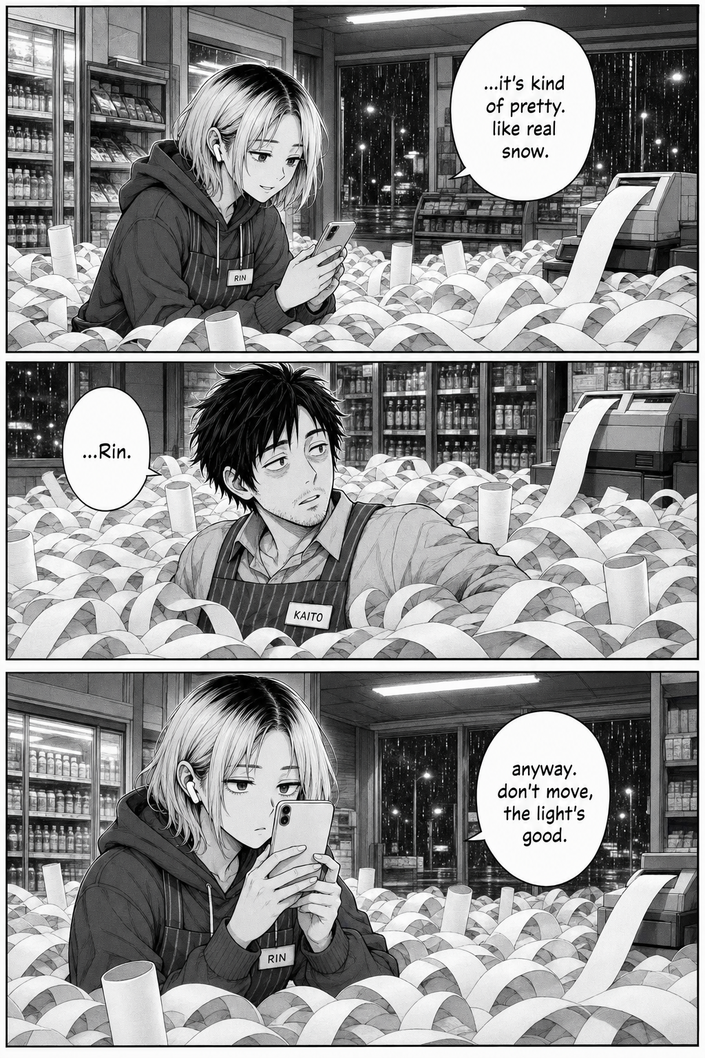 Rin lowers her phone and admits the paper drifts are kind of pretty, like real snow — then goes right back to filming.