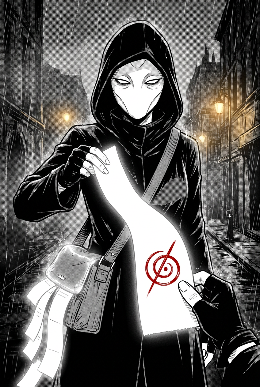 Close on the courier drawing a single glowing receipt from her satchel; the paper is blank except for a glossy red spiral-and-slash glyph, the only color in the rainy scene.