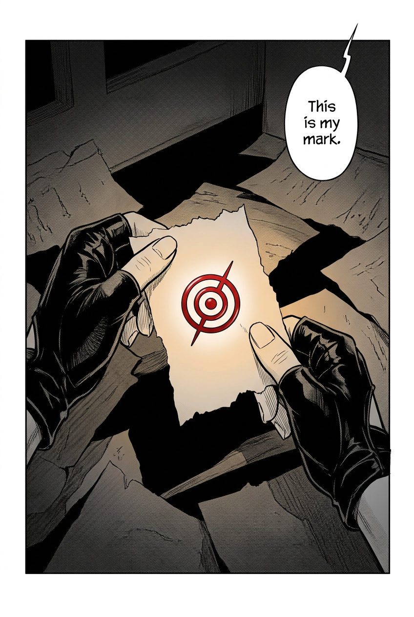 The courier's gloved hands lift a single unburned torn receipt scrap glowing with her own red glyph.