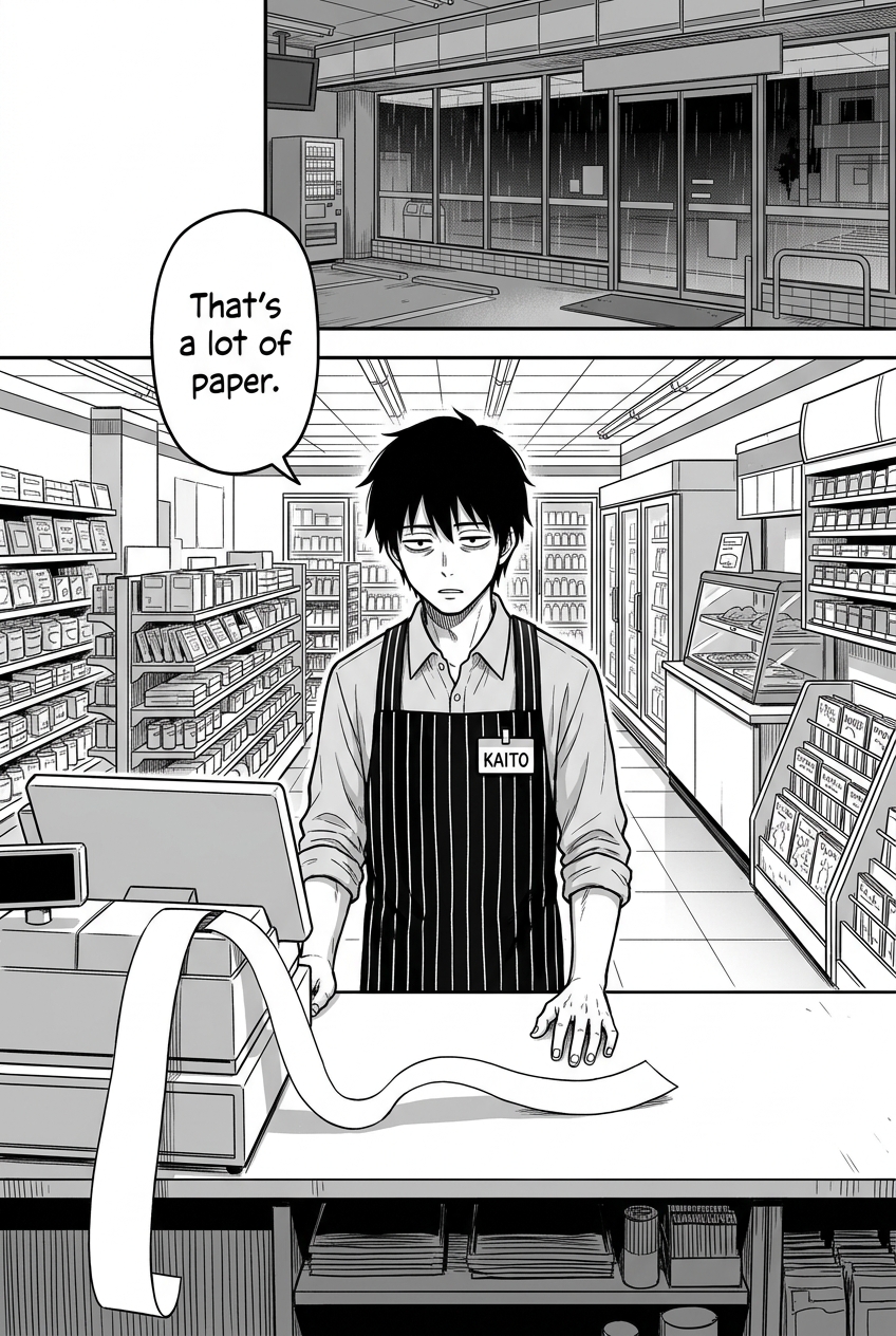 Wide night shot inside a 24-hour Japanese convenience store, seen from behind the register. Kaito, a tired clerk in a striped apron with a KAITO name tag, stares down at a long blank receipt curling from the register. Rain streaks the front windows.