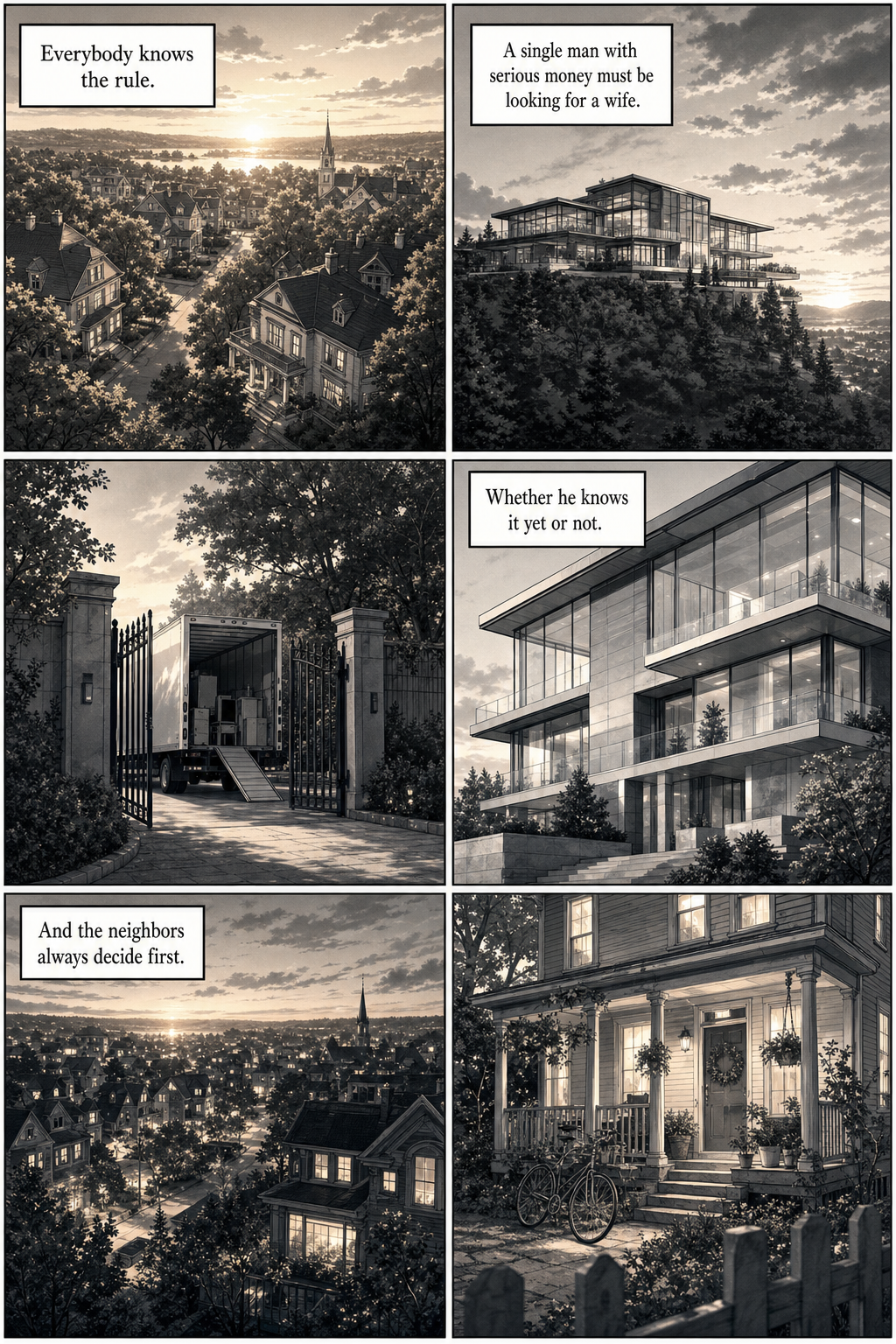 Six panels establishing the town: an aerial of an affluent neighborhood at golden hour, a sleek glass mansion on a distant hill, a moving truck arriving at its gate, the mansion's cold empty facade, the town at dusk with lights coming on, and finally a warm lived-in house with a bike on the porch.