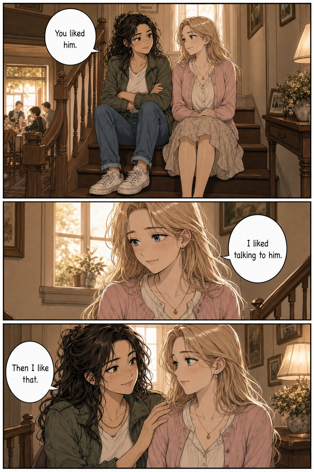 Lizzie and Jane sit shoulder to shoulder on the upstairs stairs in warm morning light, talking privately after the family noise.