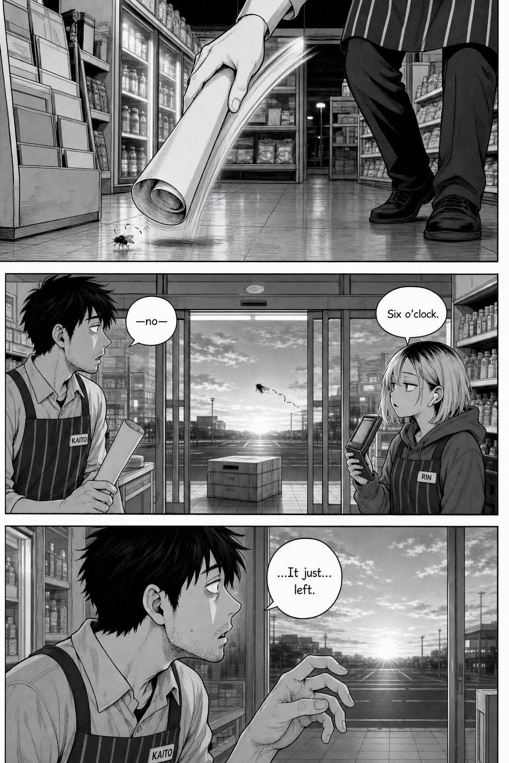 Kaito's hand sweeps down toward the fly just as the automatic doors slide open at dawn and the fly drifts out on its own.
