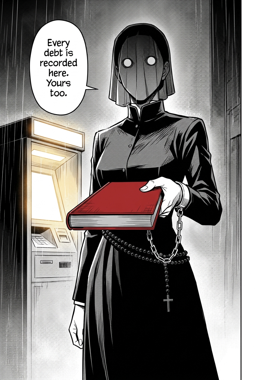 The tall veiled Mother Ledger lifts her heavy red ledger book and holds it forward, addressing the courier flatly.
