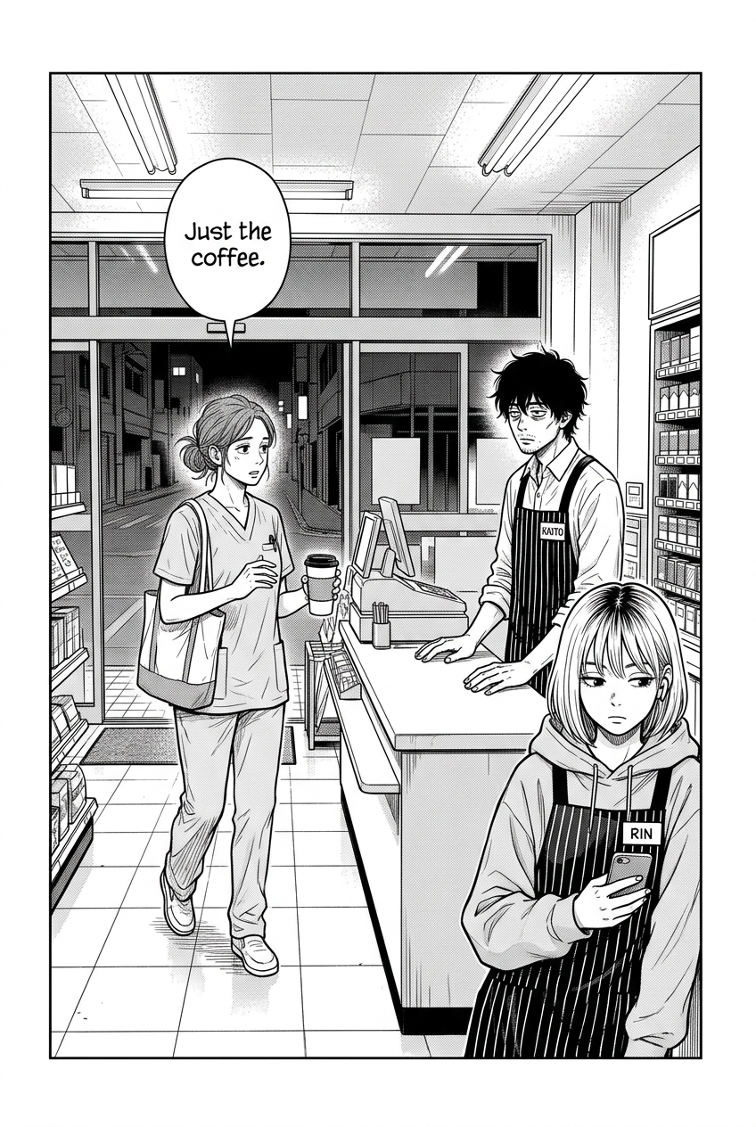 Wide night shot of a 24-hour convenience store. A tired nurse in scrubs walks up to the counter holding a coffee cup while Kaito waits behind the register and Rin scrolls her phone nearby.