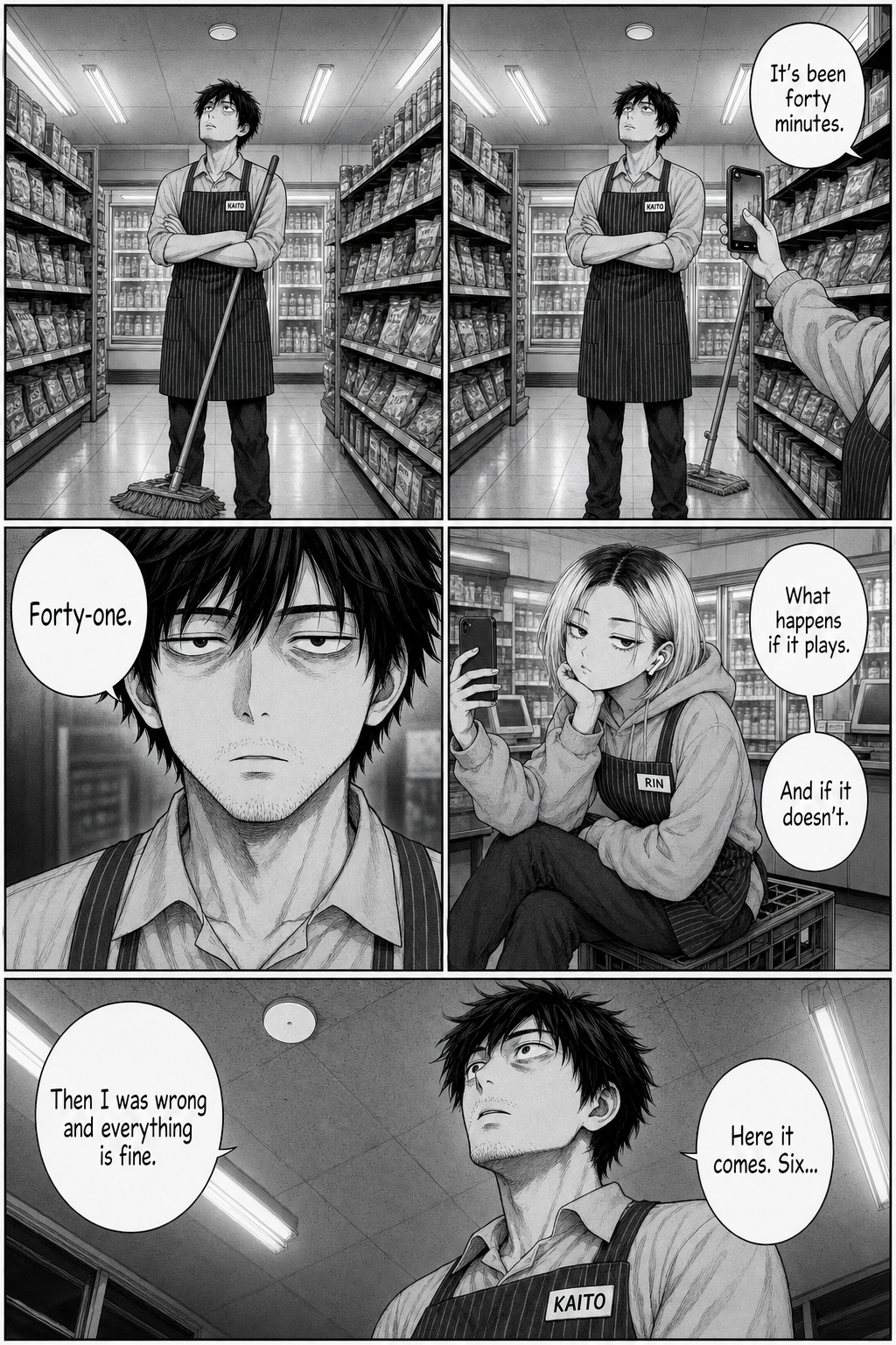 Five panels. Kaito stands motionless in the aisle for forty minutes waiting for the loop to come around again while Rin films him from a crate.