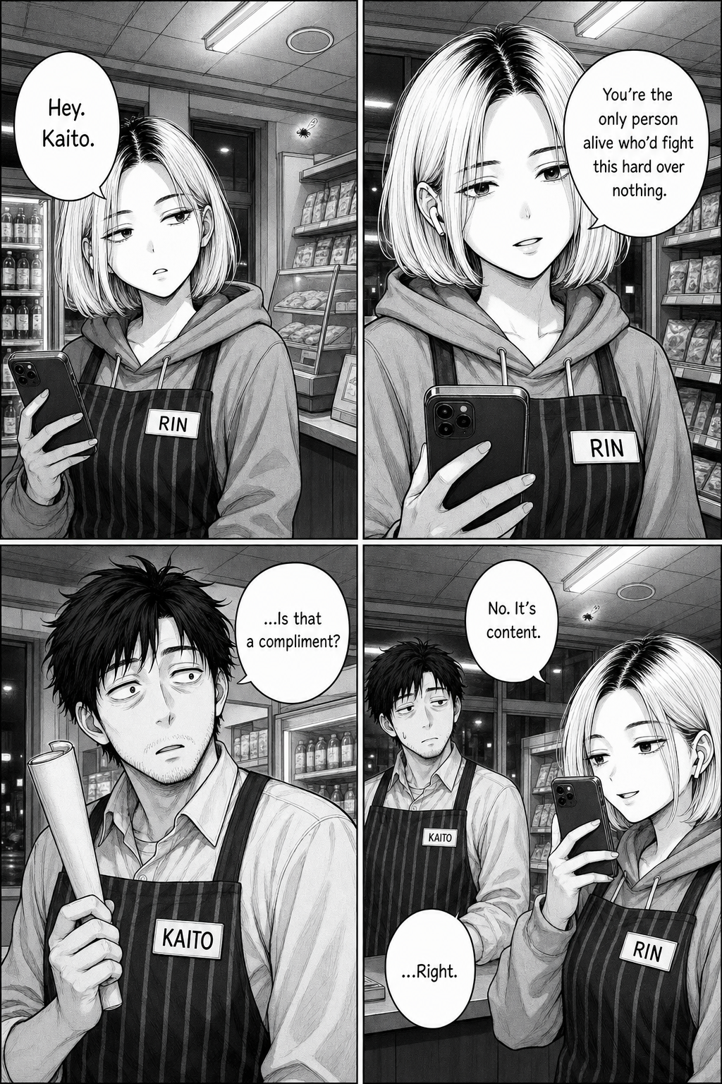 Rin lowers her phone and tells Kaito he's the only one who'd fight this hard over nothing; he asks if it's a compliment; she says no, it's content.