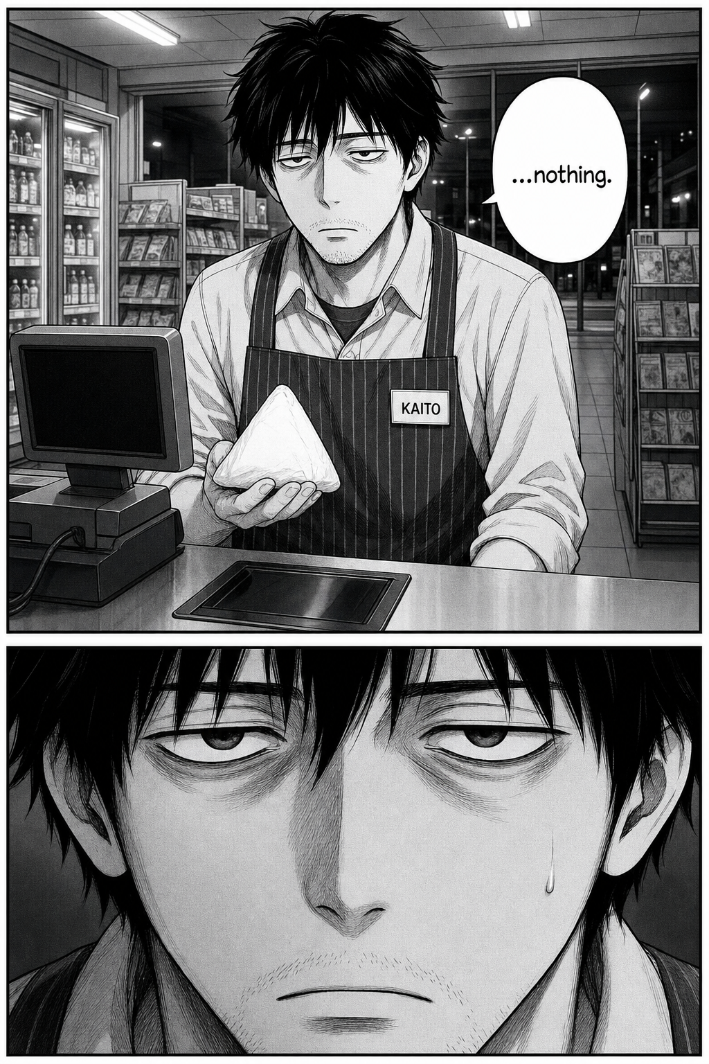 The running beat again: Kaito holds the rice ball to the dead scanner with nothing happening, then a silent close-up of his face with a single bead of sweat.