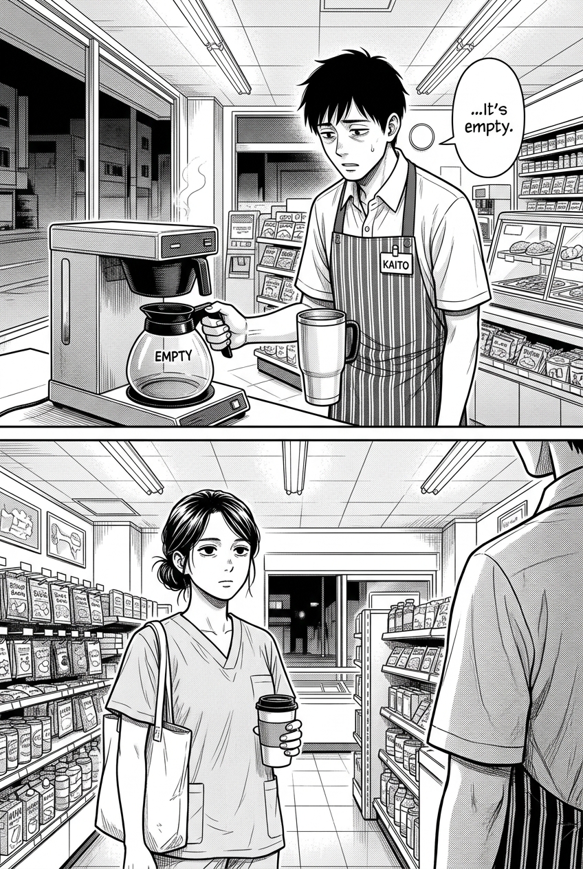 Two panels: Kaito holds an empty mug under the coffee machine, the pot bone dry, his face collapsing in despair, while the nurse goes flat and dead-eyed.