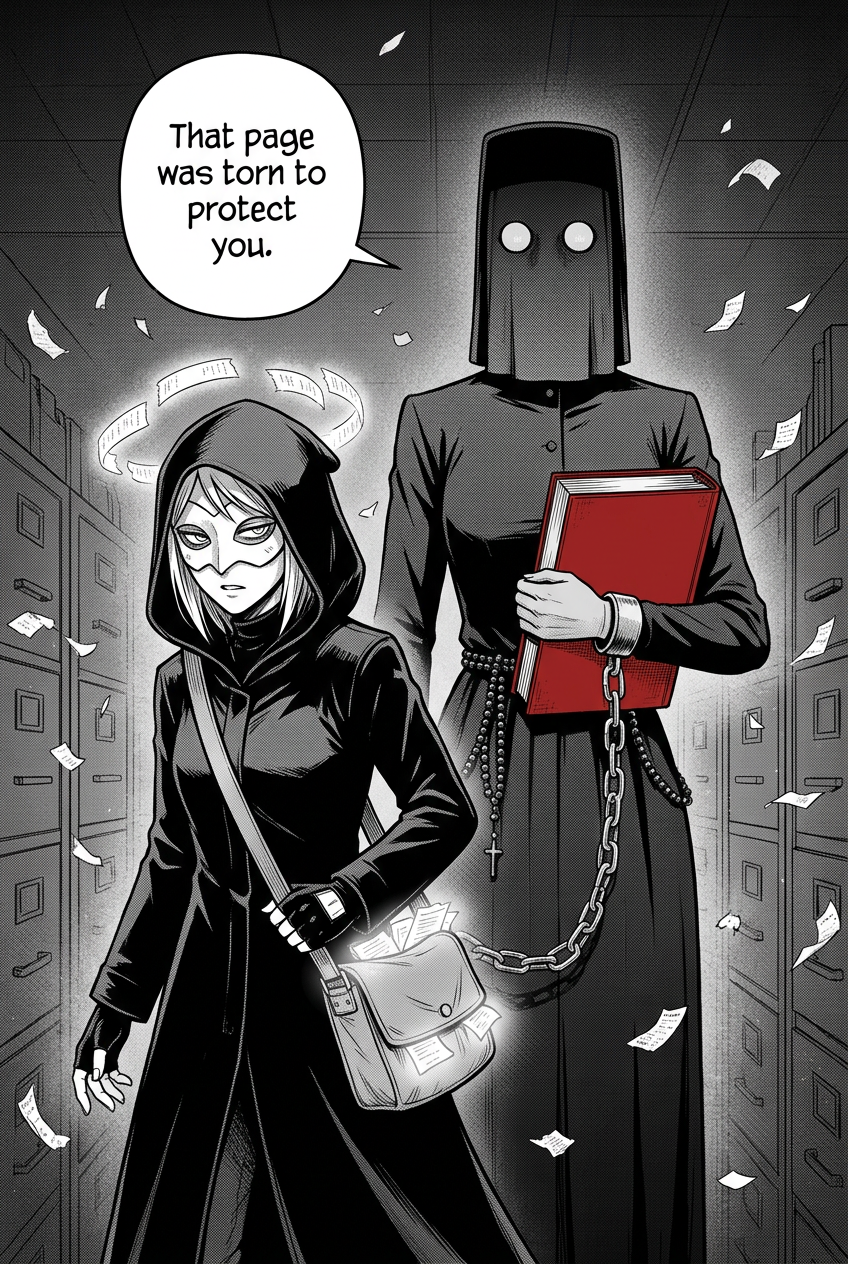 The tall veiled Mother Ledger has appeared behind the courier in the archive, having followed her, the red ledger chained to her wrist.