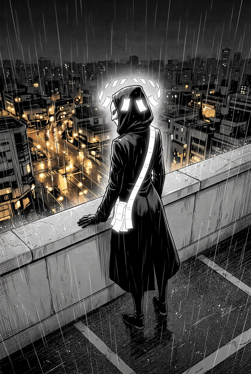A closing echo of the first page: the masked courier stands alone on the same rainy rooftop, but now a glowing halo is forming above her own head, marking her as a debtor.