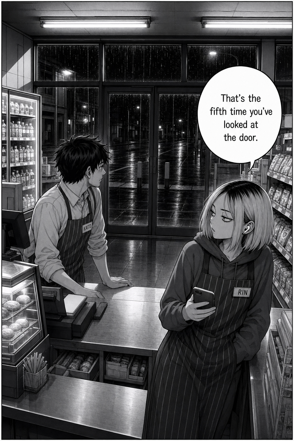 Wide night shot of the convenience store from behind the counter; the rain-slick kerb outside is empty. Kaito watches the door while Rin leans nearby with her phone.