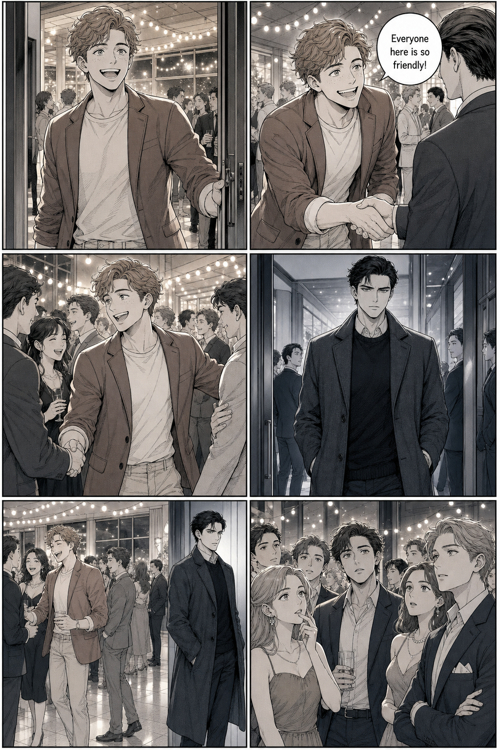 Charles Bingley arrives at the party, warm and smiling, greeting guests and shaking hands. A step behind him comes Fitzwilliam Darcy — tall, cold, in a charcoal overcoat, standing apart from the crowd while partygoers watch him with interest.