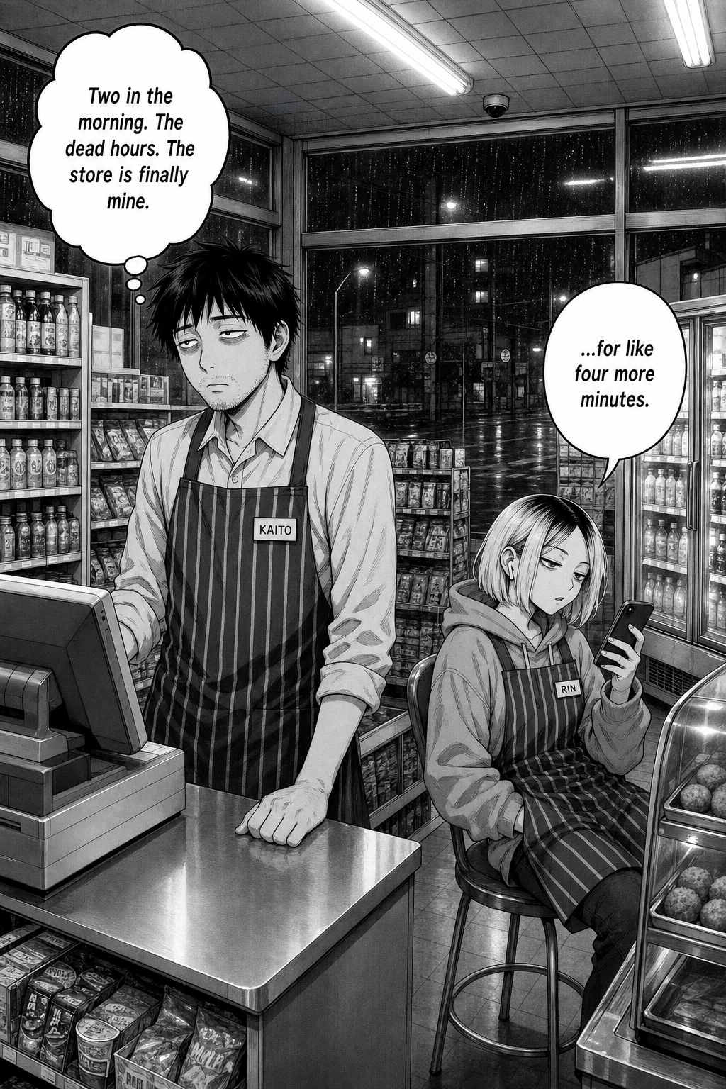 Wide night view of a 24-hour Japanese convenience store at 2 A.M., rain on the dark street outside. Kaito stands tired behind the register; Rin slouches on a stool nearby with her phone.