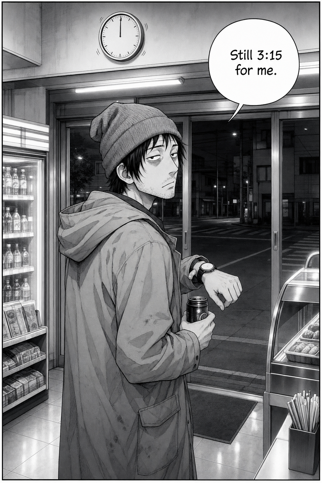 The same beige-raincoat, grey-beanie customer, half-turned to leave at the sliding door, glances back and taps his wristwatch. Empty street behind him.