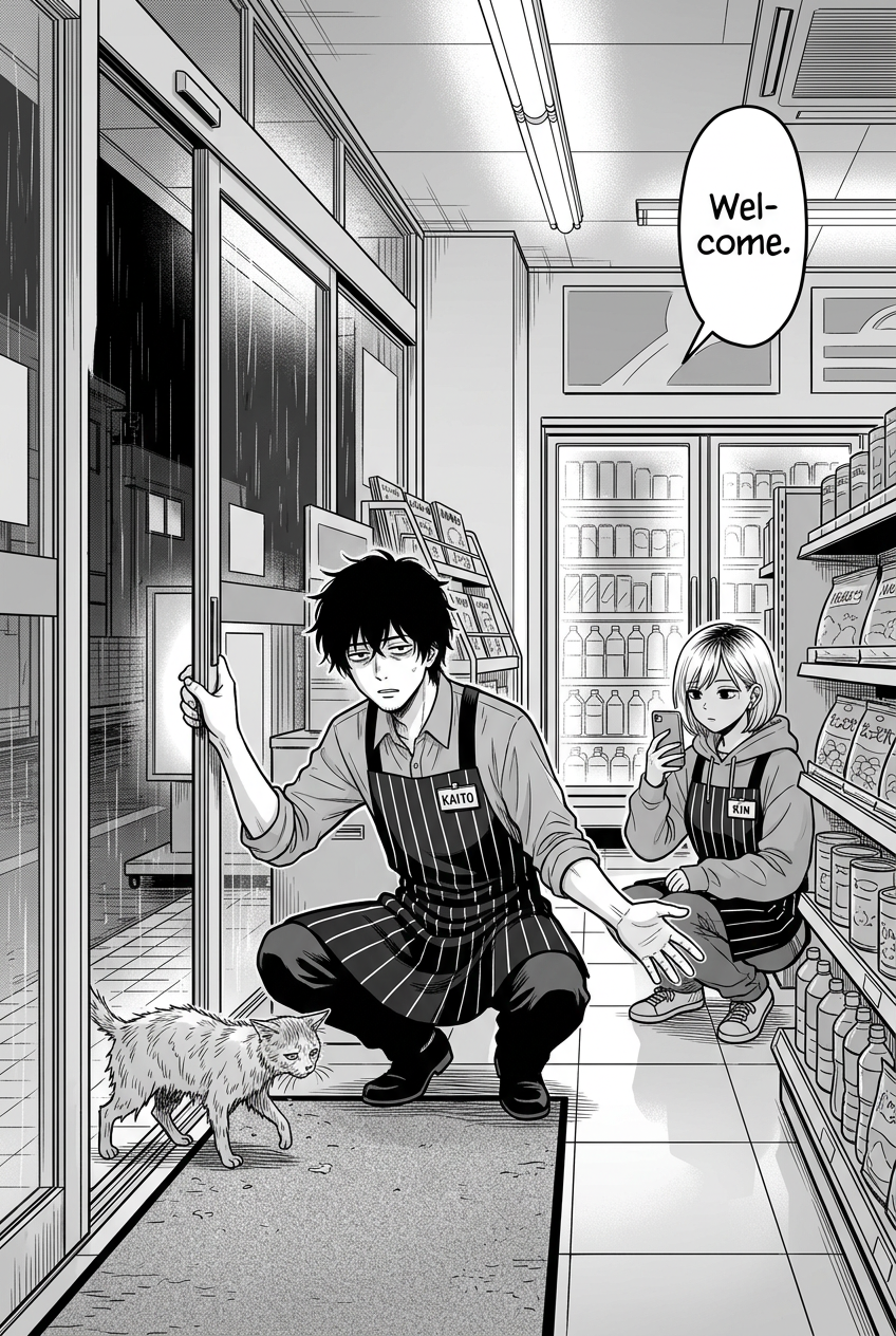 Kaito crouches by the open sliding door, holding it for the small soaked stray cat and gesturing it inside with a resigned, defeated expression. Behind him, Rin films the moment on her phone.