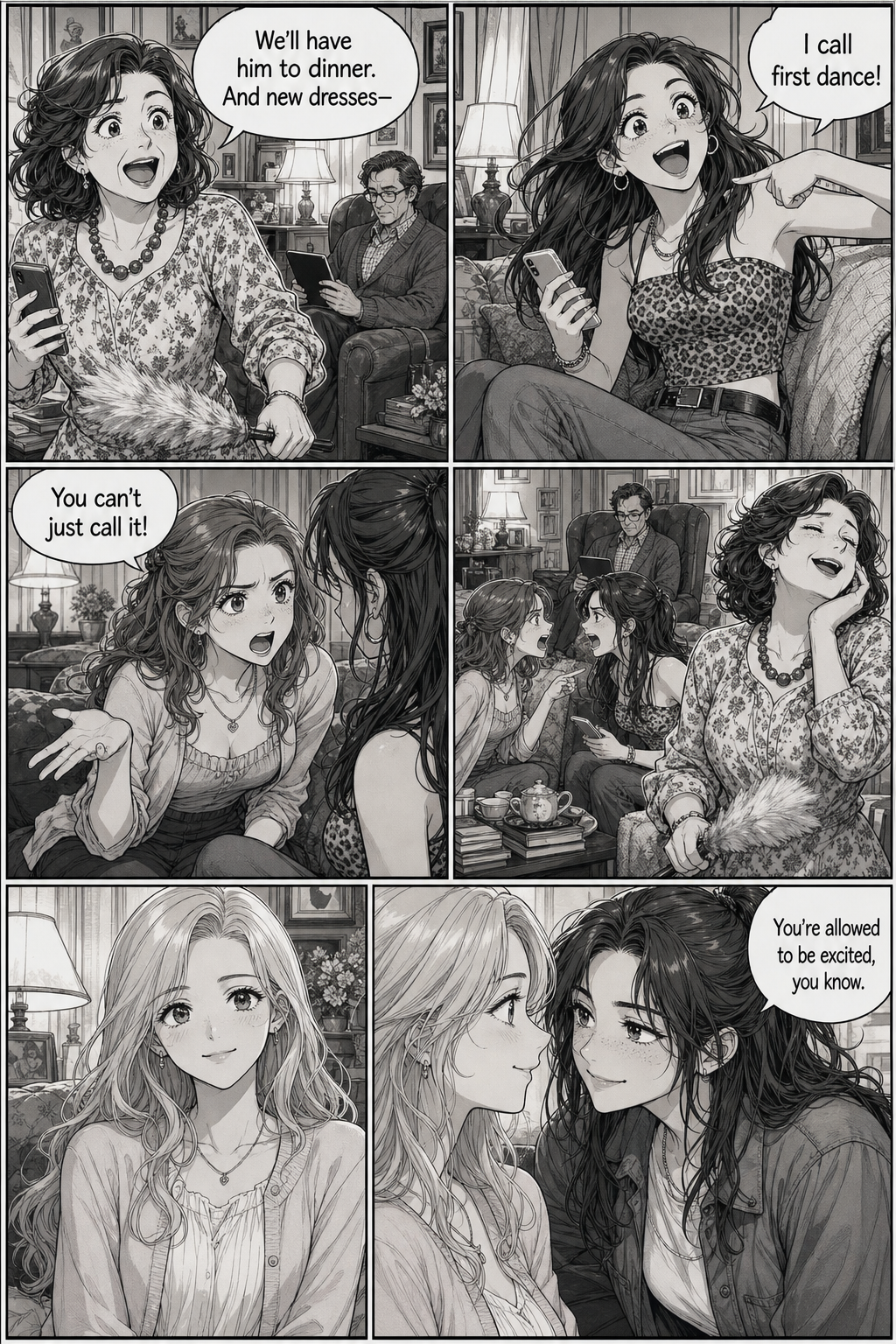 Mrs. Bennet plans dinners and new dresses while Lydia and Kitty bicker over who gets the first dance. Jane stays quiet with a smile she is not hiding well, and Lizzie leans in to tease her.