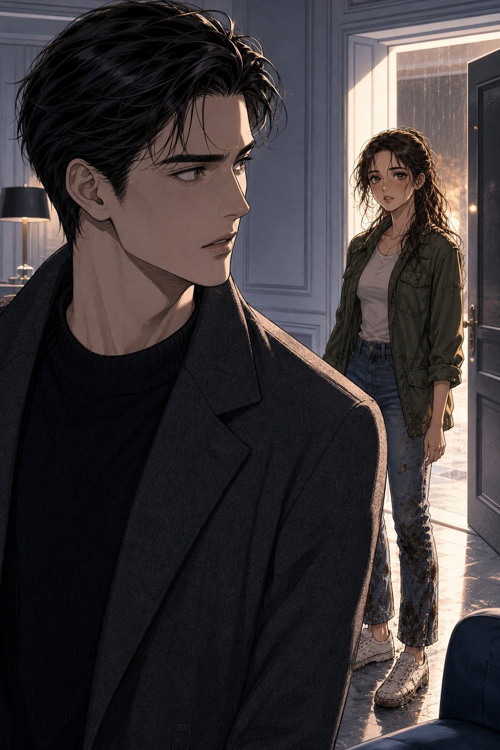 Darcy goes still and stares, his cold composure cracking, as a rain-soaked, muddy Lizzie appears in the doorway behind him.