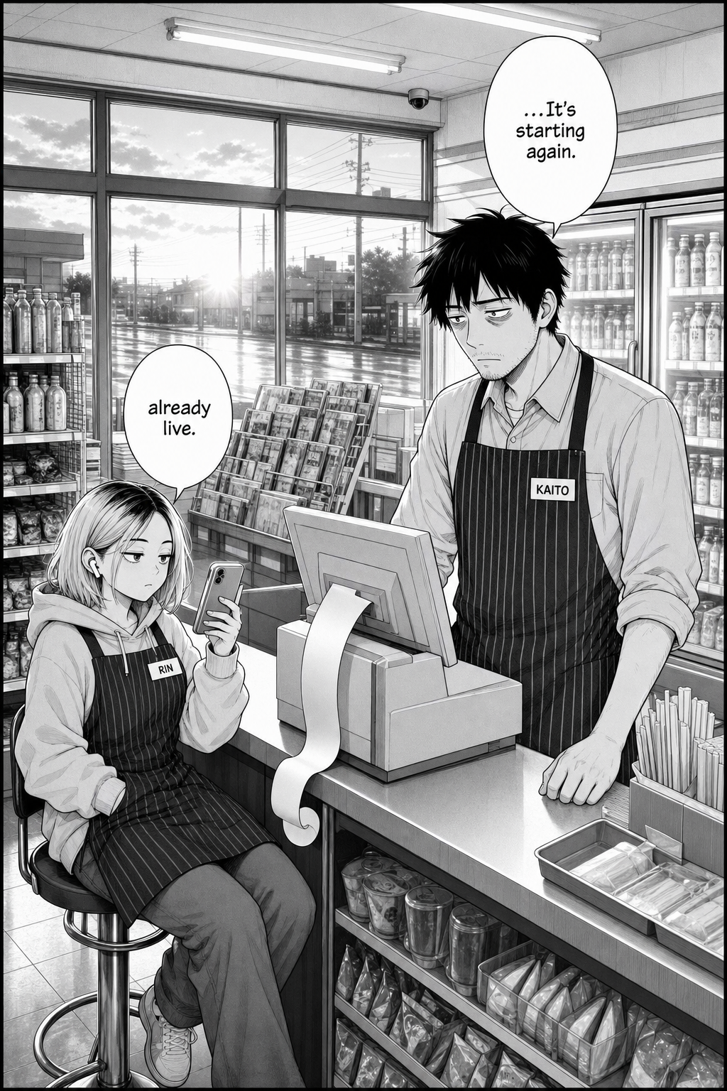Dawn light, the paper cleared; Kaito stands exhausted at the register exactly as at the start — and a fresh blank receipt is already curling out of the printer.