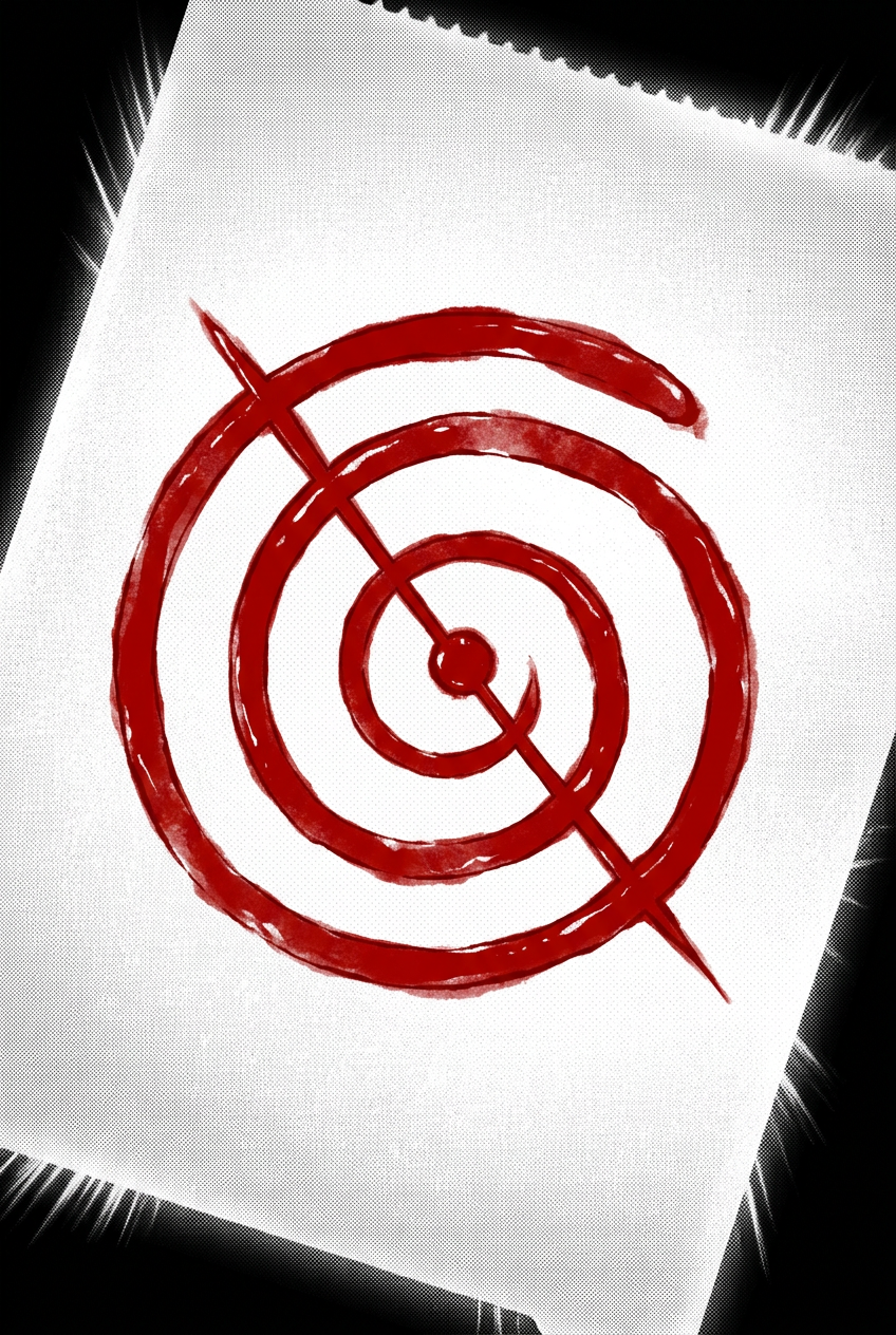 Macro close-up of the glowing receipt filling the frame, stamped with the glossy red spiral-and-slash glyph, the only color in the image.