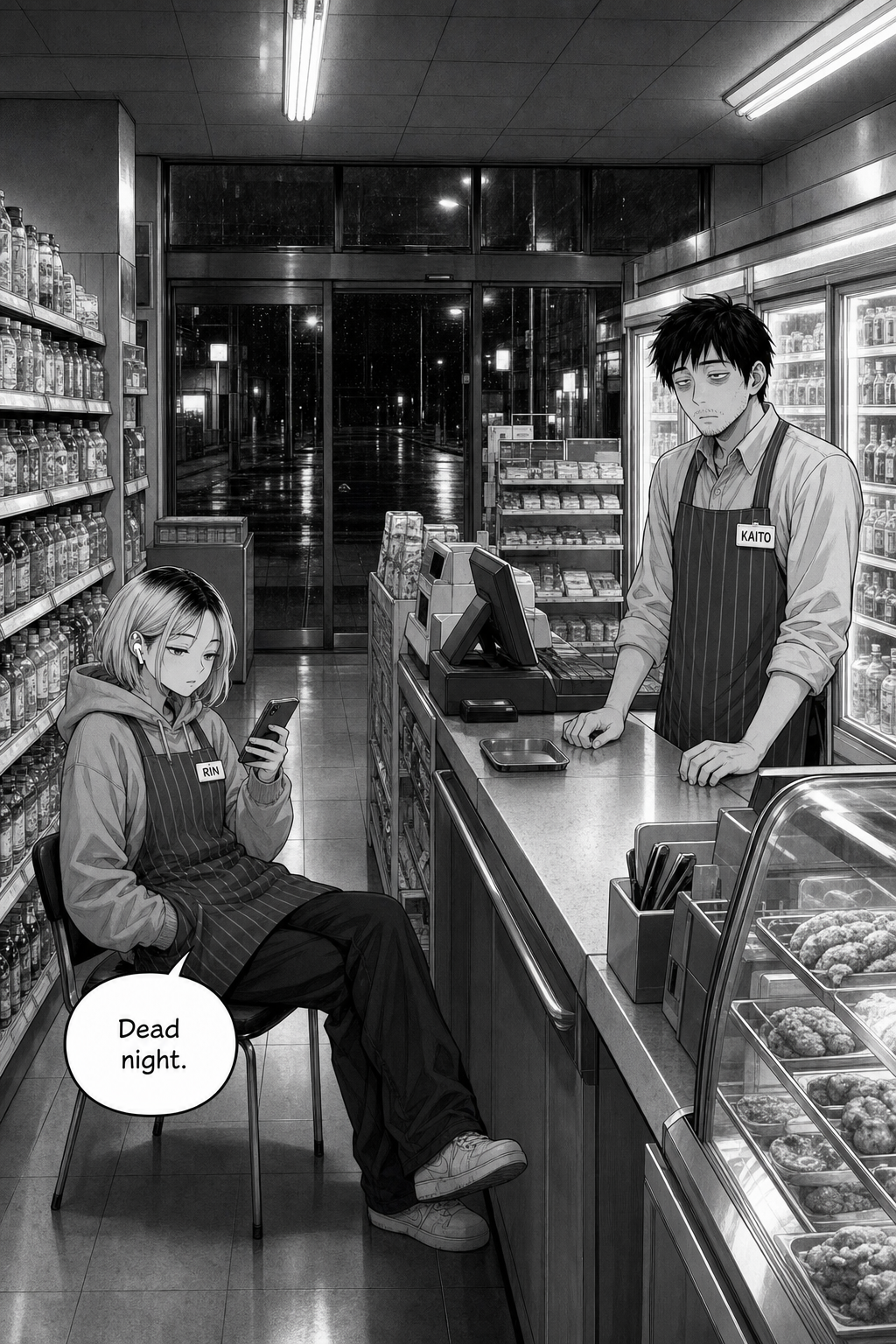 Wide night shot inside a 24-hour convenience store; Kaito stands at the register while Rin slouches on a stool scrolling her phone, rain-slicked empty street beyond the windows.