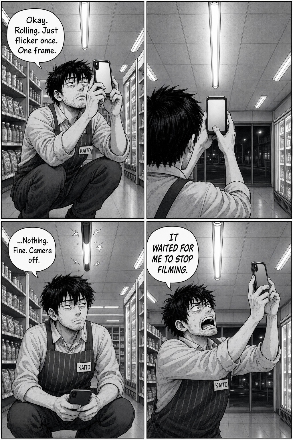 Kaito films the tube himself; it stays steady while recording, then flickers the instant he lowers the phone.