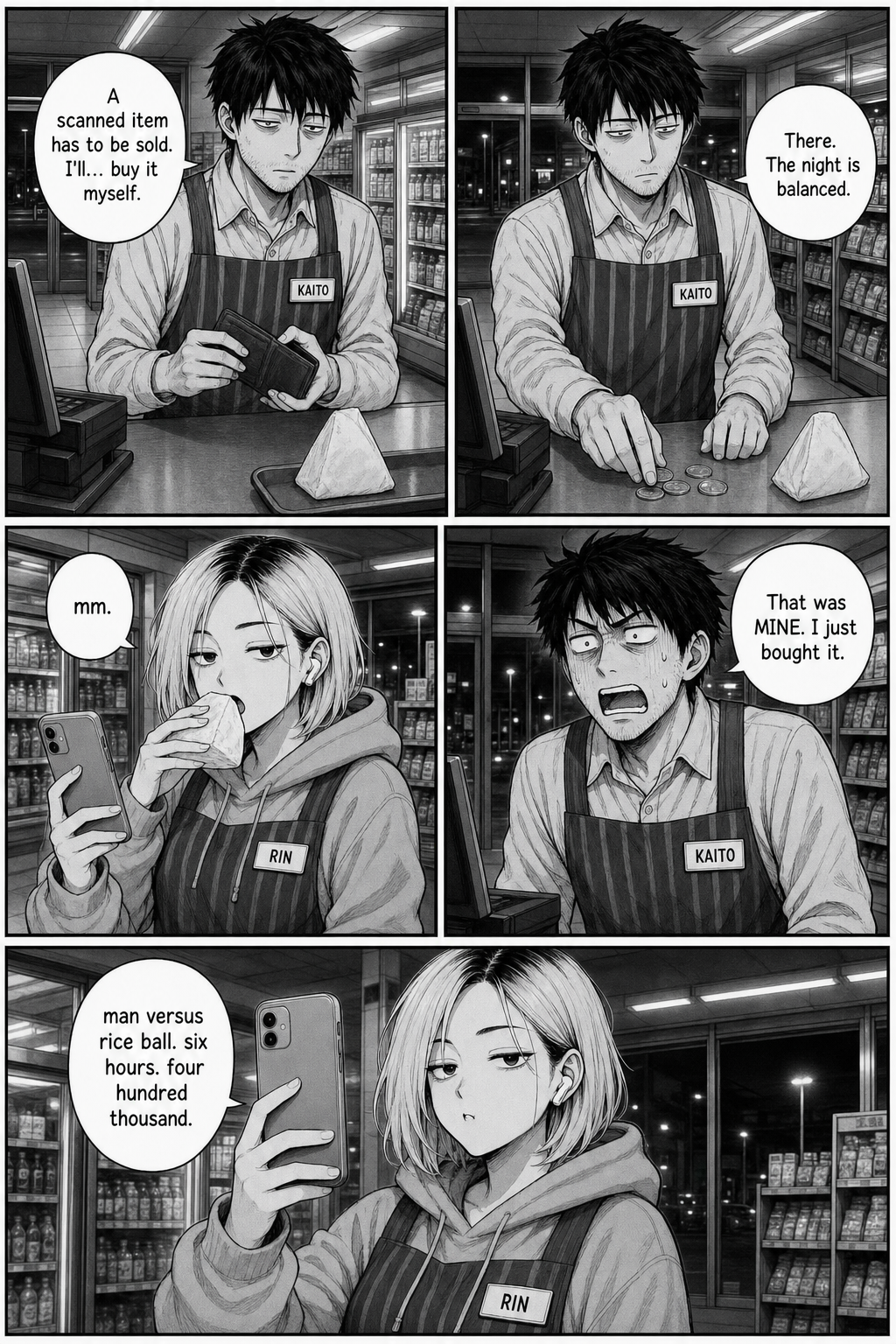 To balance the sale, Kaito buys the rice ball himself with his own coins; Rin instantly plucks it up and eats it on camera.