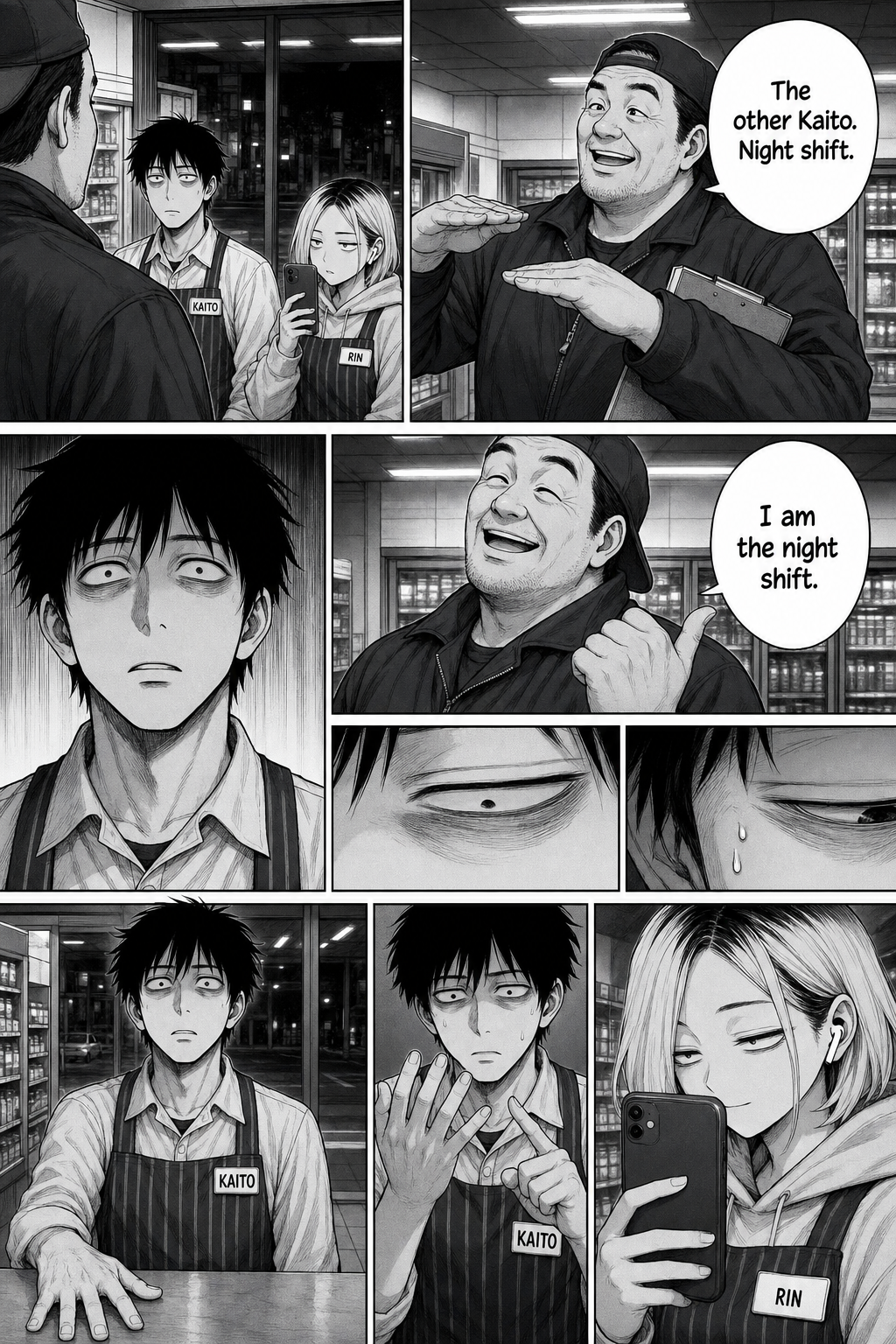 Dense seven-panel manga page: the driver cheerfully refers to "the other Kaito" who works the night shift; Kaito, who works every night himself, goes cold with dread while Rin films.