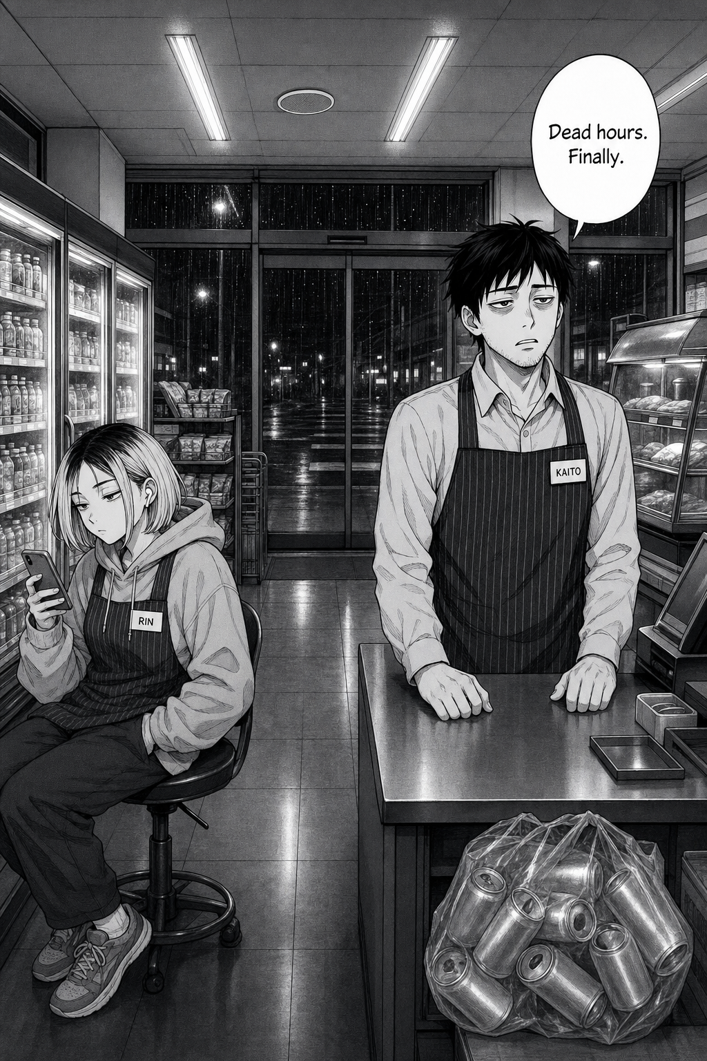 Wide night shot inside a 24-hour convenience store: Kaito stands tired behind the counter while Rin sits on a stool scrolling her phone, rain on the windows behind them.