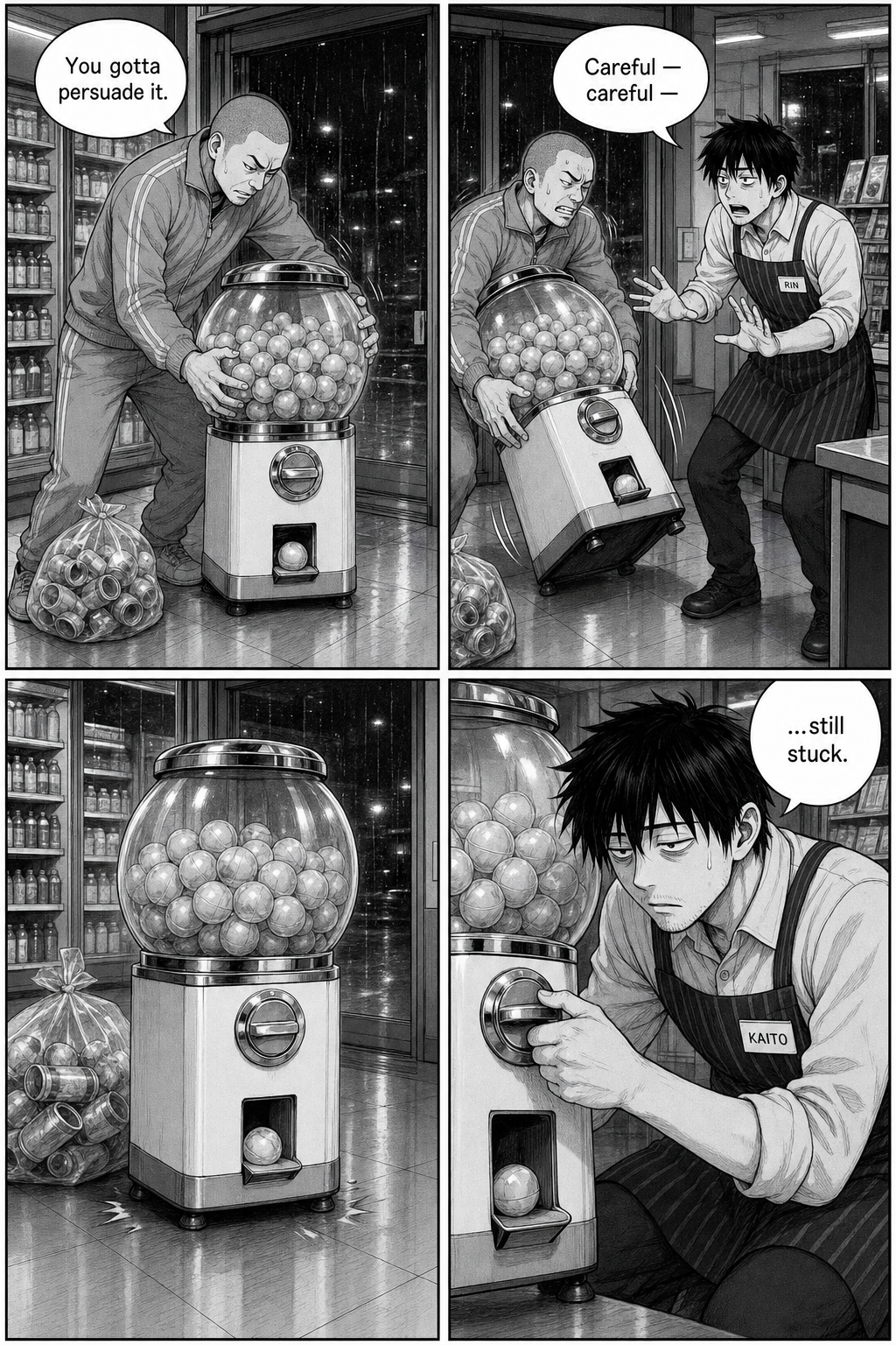 The tracksuit regular rocks and tilts the whole machine while Kaito panics; it settles, capsule still stuck, and Kaito repeats the dead-eyed beat.