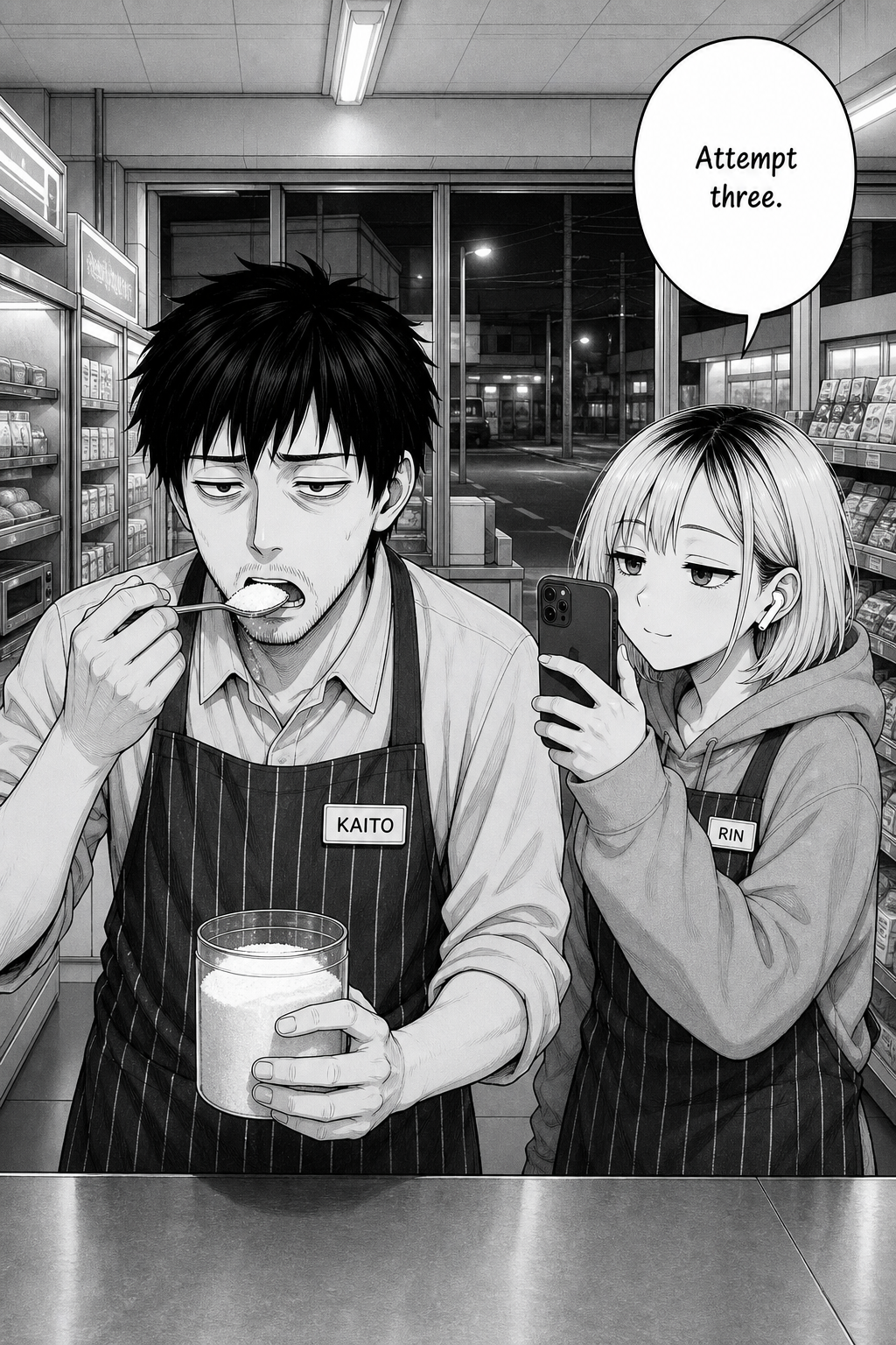 Kaito grimly swallows a heaping spoonful of sugar from a plain jar while Rin films close with a small smirk.