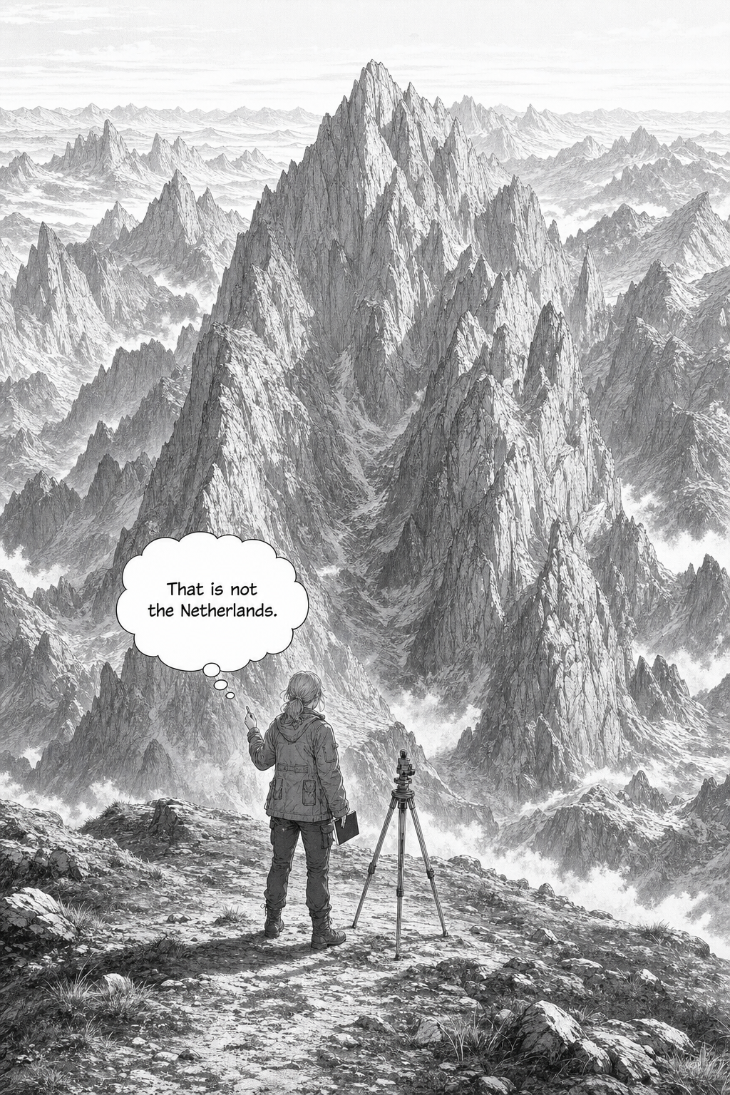 A full-page vertical image: Merel Vosberg stands very small at the bottom of the frame, seen from behind, facing a colossal range of jagged grey stone mountains rising in layered receding planes into hazy distance beneath a thin high white sky.