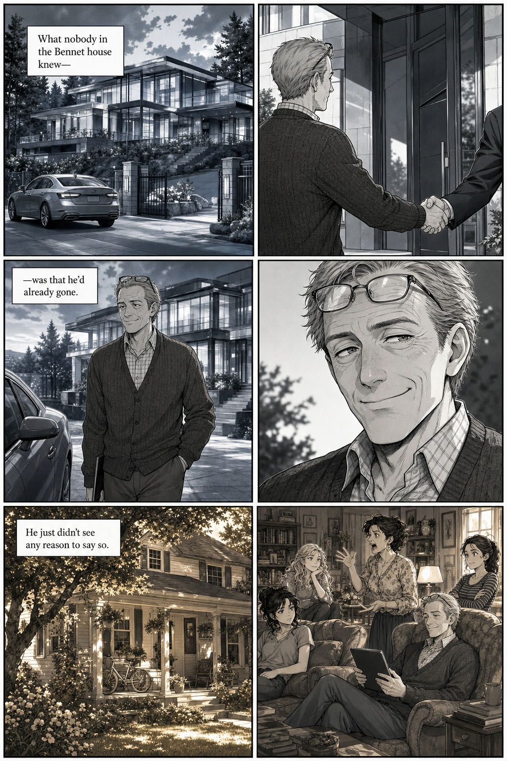 Mr. Bennet secretly visits the cool glass mansion and shakes hands with its new occupant, then walks back to his car pleased with himself — while at home the family has no idea he has already gone.